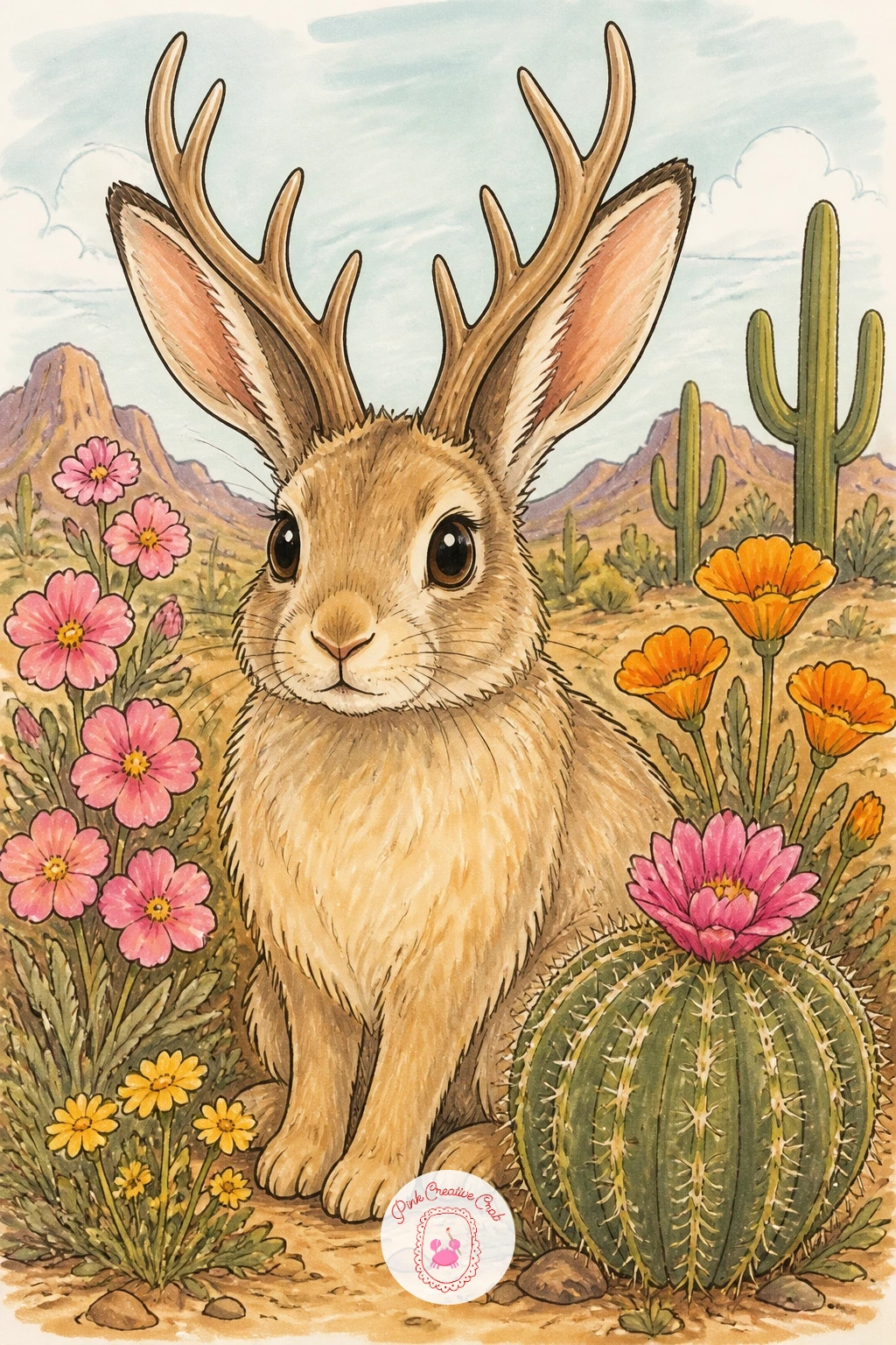 Jackalope In Desert Flowers — Scale right back down with a small jackalope, a rabbit with antlers, sitting alert among a few desert wildflowers and a cactus.