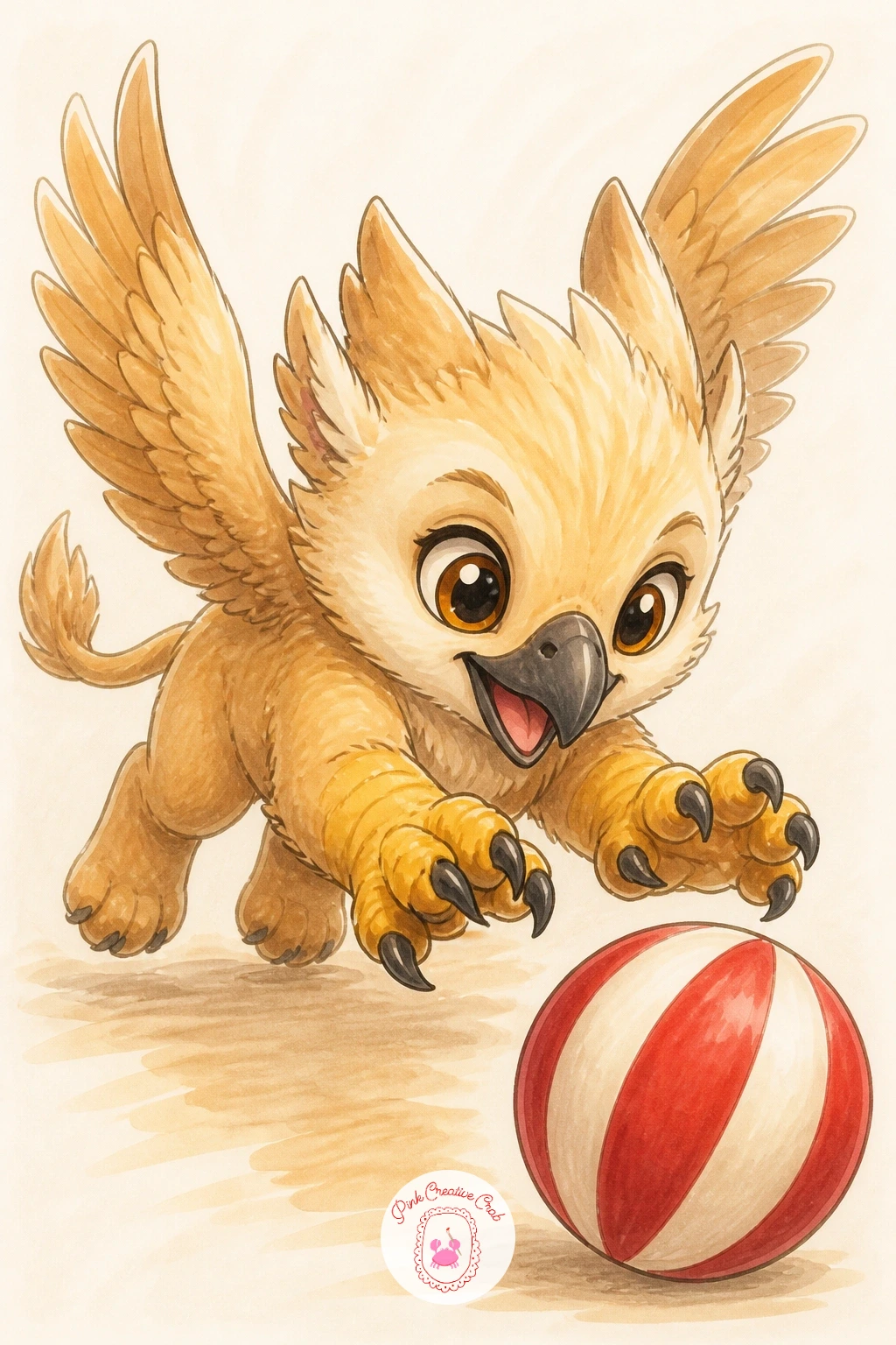 Griffin Cub With A Ball — Shrink the griffin right down into a clumsy cub chasing a ball across the ground, wings still too small to properly fly. Mythical