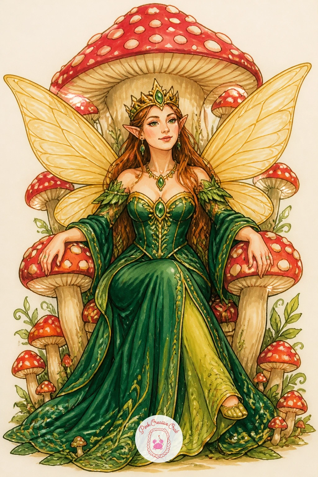 Fairy Queen On A Mushroom Throne — Close the set with the fairy queen holding court from a throne grown out of a cluster of large mushrooms, crown and all.