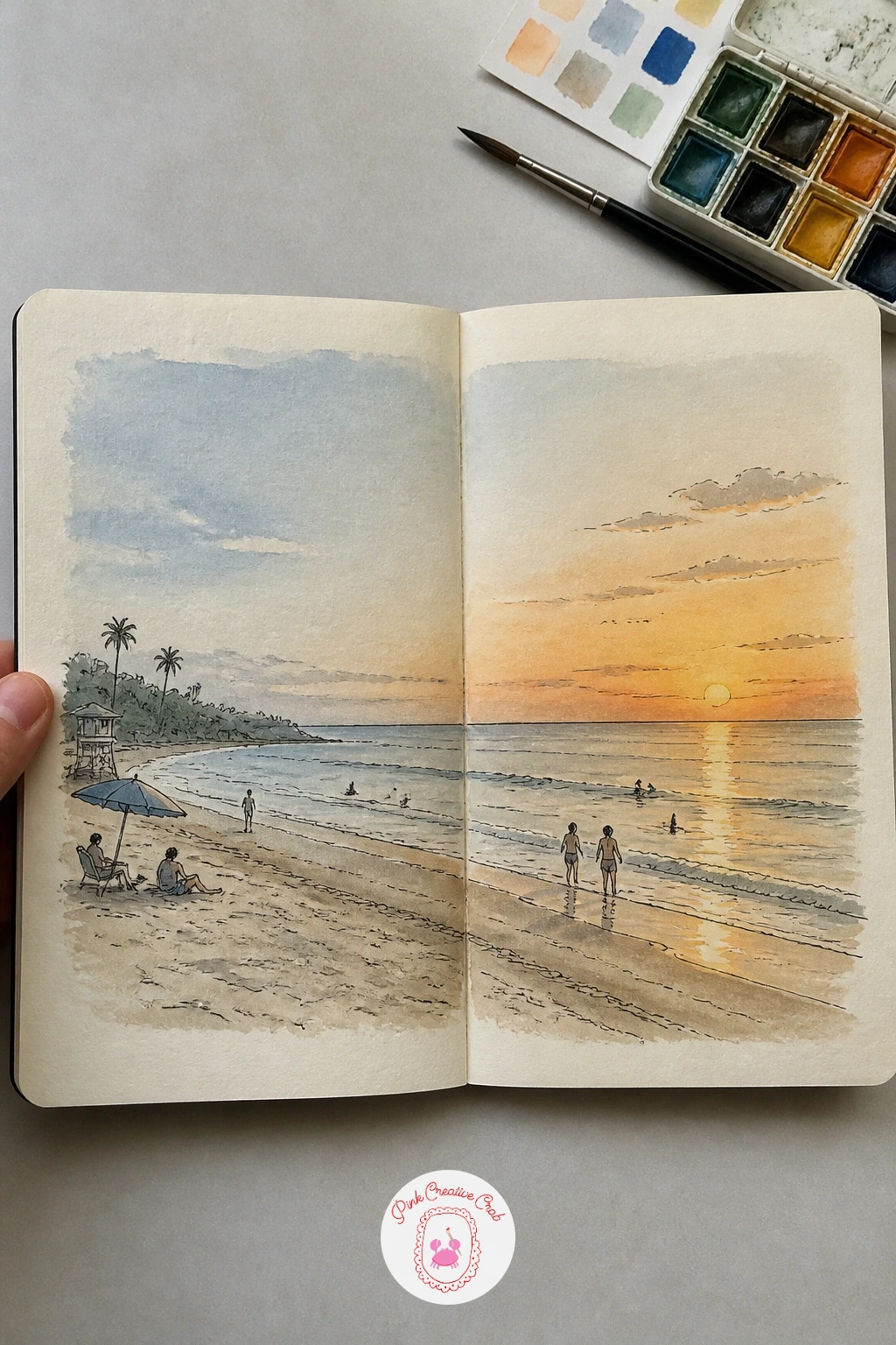 A Day At The Beach — Follow the breakfast table with something that moves through time instead of just space: a day at the beach, morning on the left page and