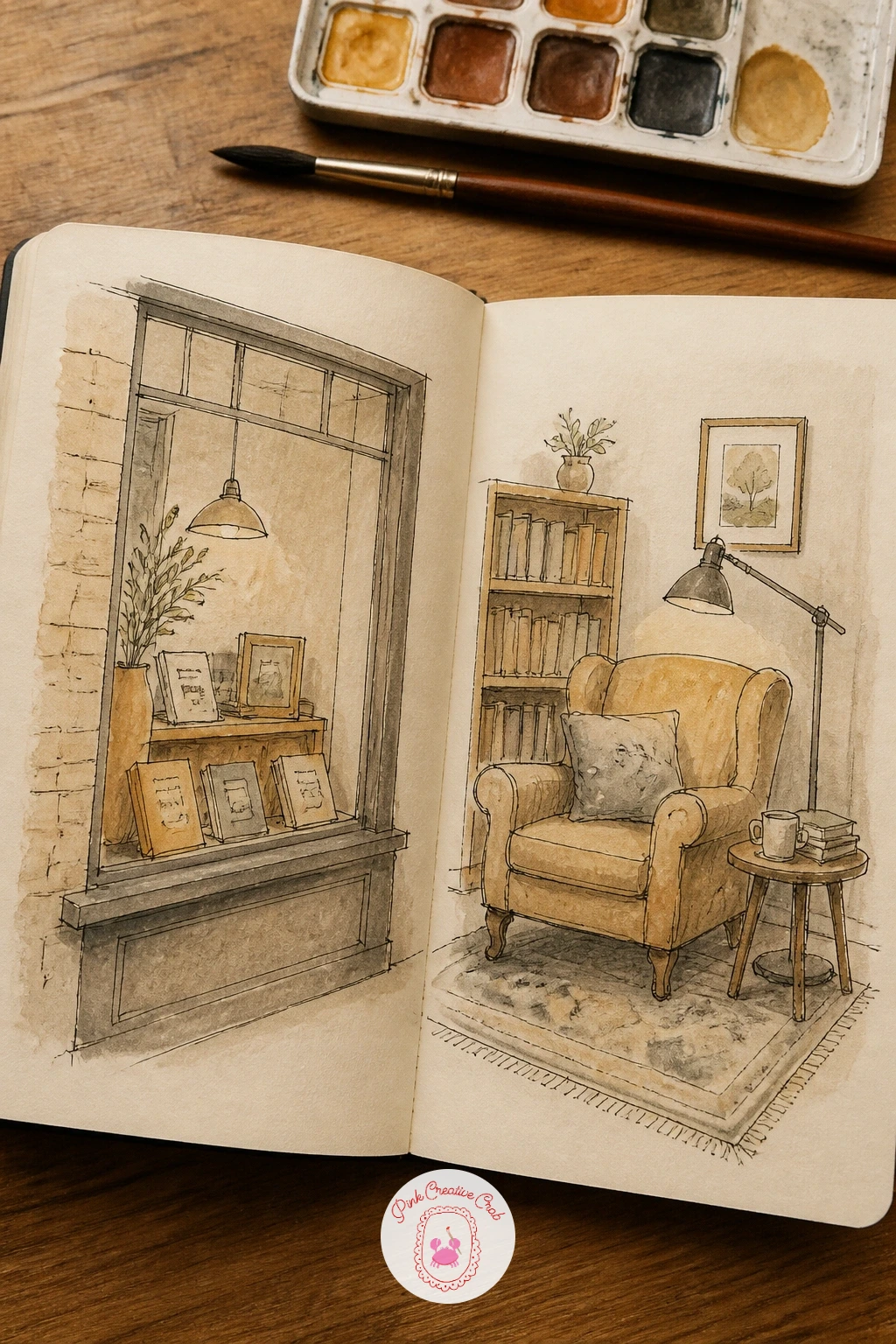 Bookshop Window And Reading Corner — Split this one cleanly by location rather than by time: the bookshop window and its display on the left page, a cozy