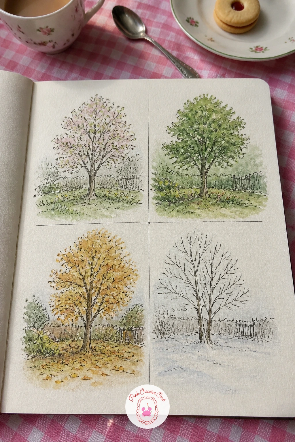 Garden In Four Seasons — Rule the spread into four even boxes before you draw anything else, two on each page, so spring, summer, autumn and winter each get