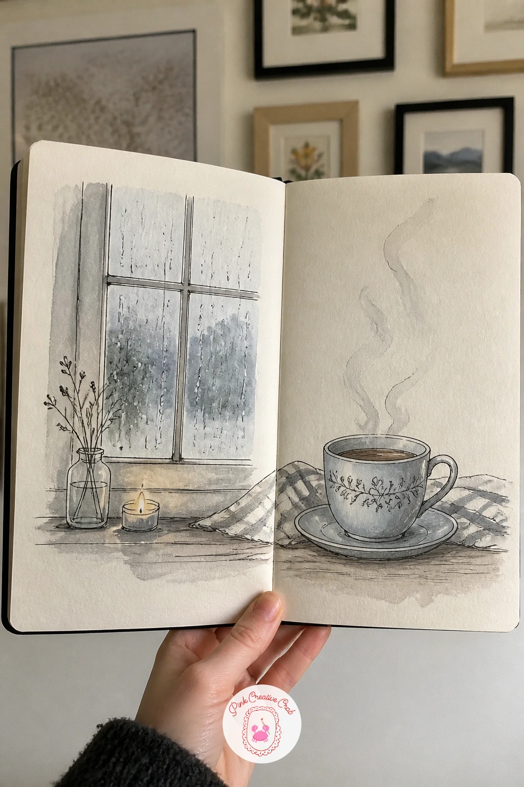 Cozy Rainy Day Spread — Center this spread on two quiet anchors, a rain-streaked window on the left page and a teacup resting nearby on the right, and let the