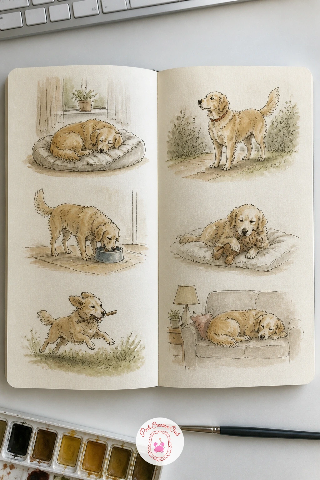 Pet's Daily Routine — Carry the cozy mood into motion by filling the spread with small vignettes instead of one big scene: a pet's daily routine broken into
