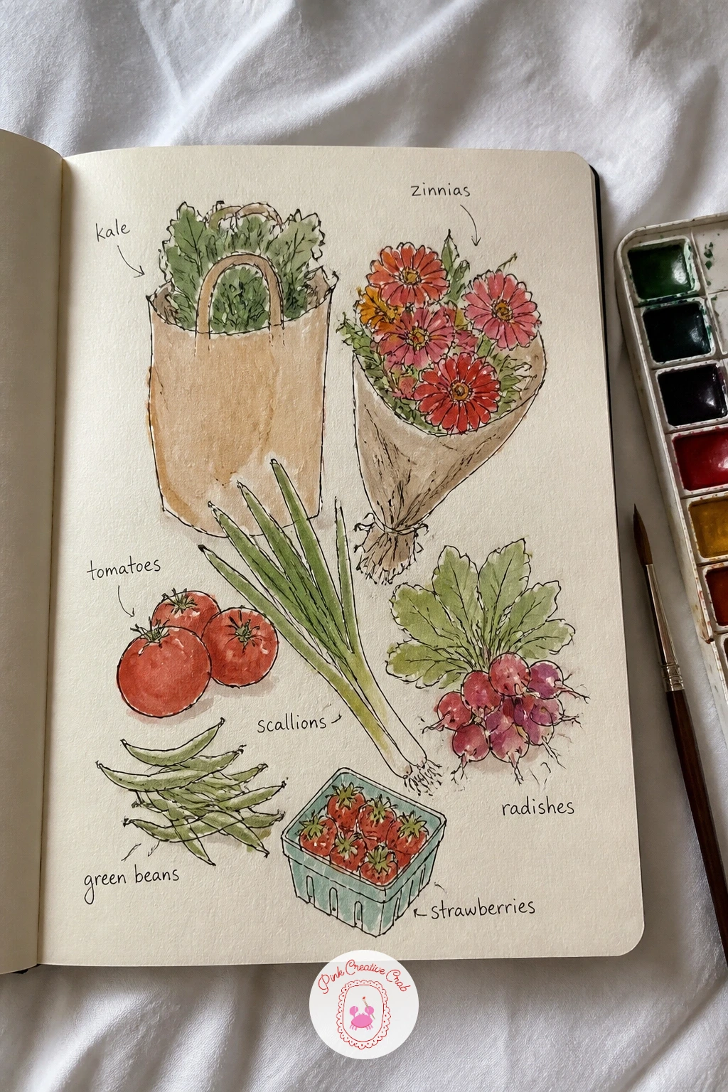 Farmers Market Haul — Arrange a farmers market haul across the spread the way you would actually unpack a bag onto a table: a loose cluster of vegetables, a