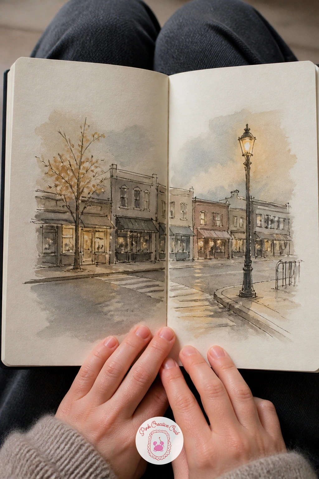 City Street Across The Gutter — Let a row of buildings run straight across the gutter so the fold becomes a street corner instead of an obstacle, with