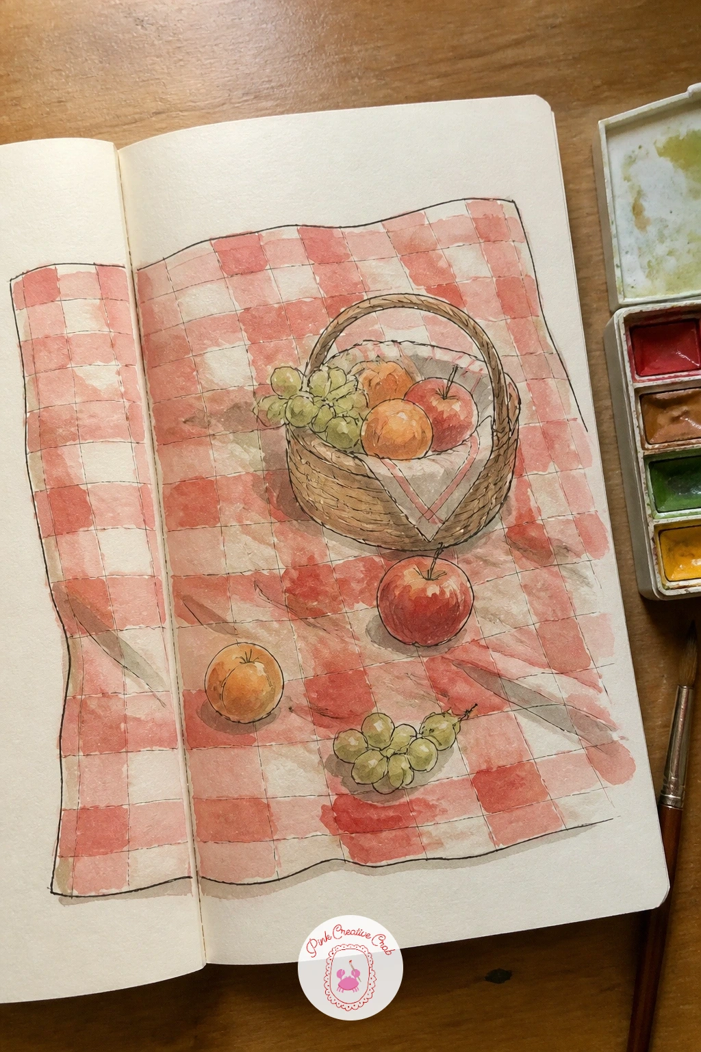 Picnic Blanket Filling Both Pages — Give the picnic blanket's pattern the job of unifying both pages, a checked or striped cloth drawn edge to edge so the
