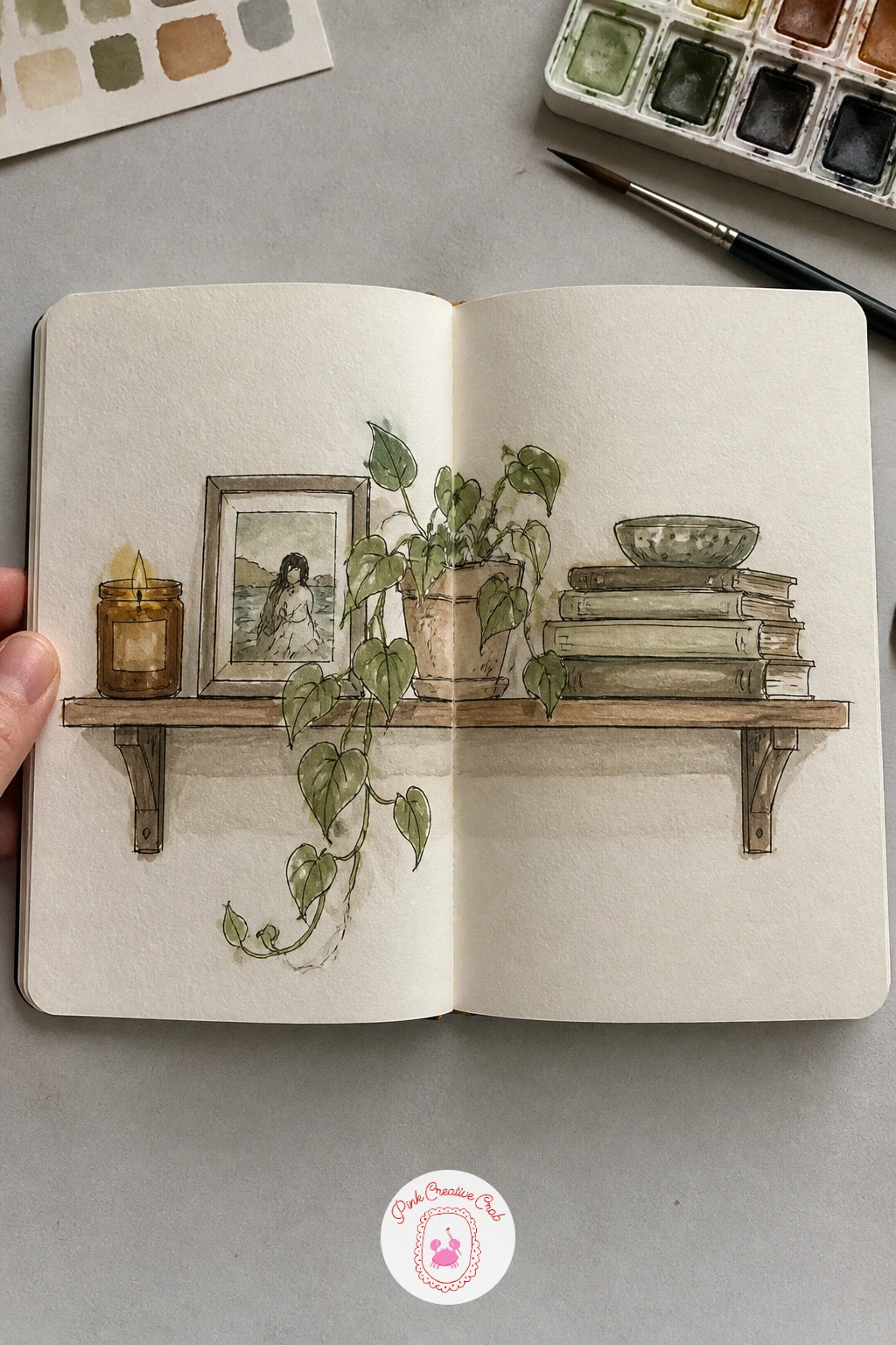 Bedroom Shelf Of Favorite Things — Treat the shelf itself as the line that joins both pages, one continuous plank running across the gutter with small favorite