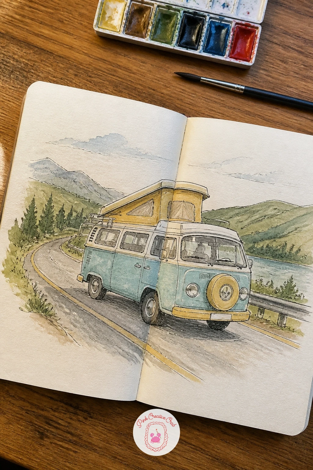 Road Trip In A Camper Van — Send the camper van itself across the gutter, front half on the left page and back half on the right, with a road and a bit of