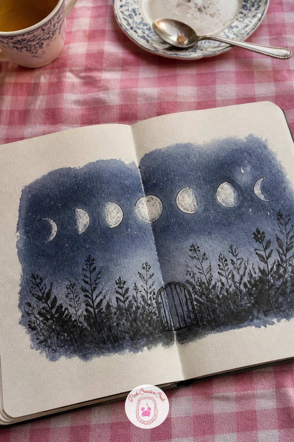 Moon Phase Spread — Arrange a row of small moon phases along the top of both pages, then let a quiet night garden grow underneath them, joining the sky story