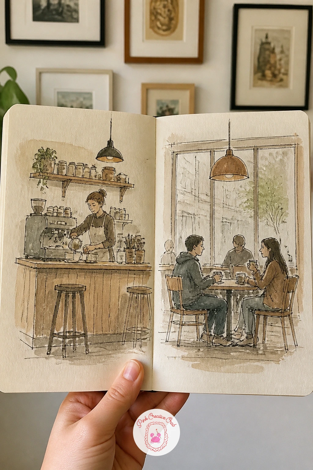 Coffee Shop With Barista And Customers — Divide this spread by role rather than by object: the barista working behind the counter on the left page, a few
