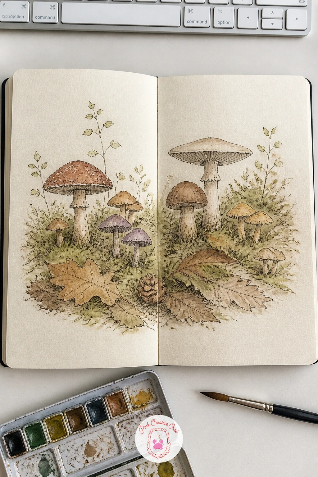 Mushroom Forest Floor — Fill the whole spread with a close-up forest floor, a cluster of mushrooms of different shapes and sizes scattered across both pages