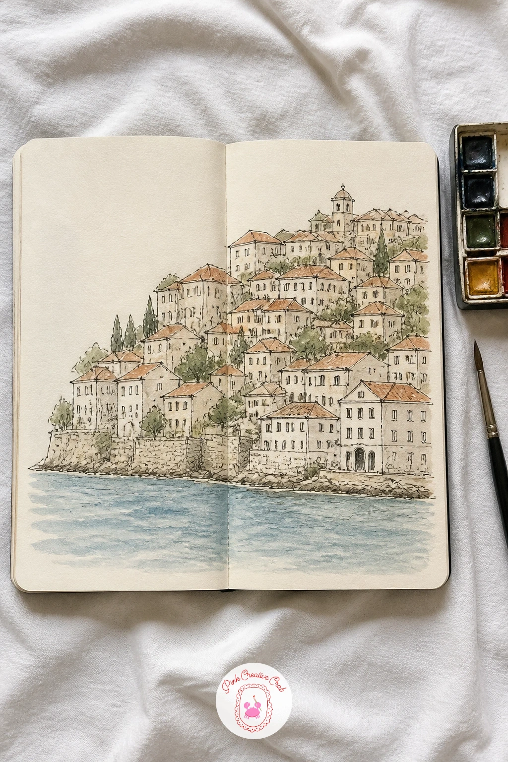 Seaside Village Climbing A Hill — Stack this village up the page rather than along it, small houses climbing from the harbor at the bottom of both pages toward