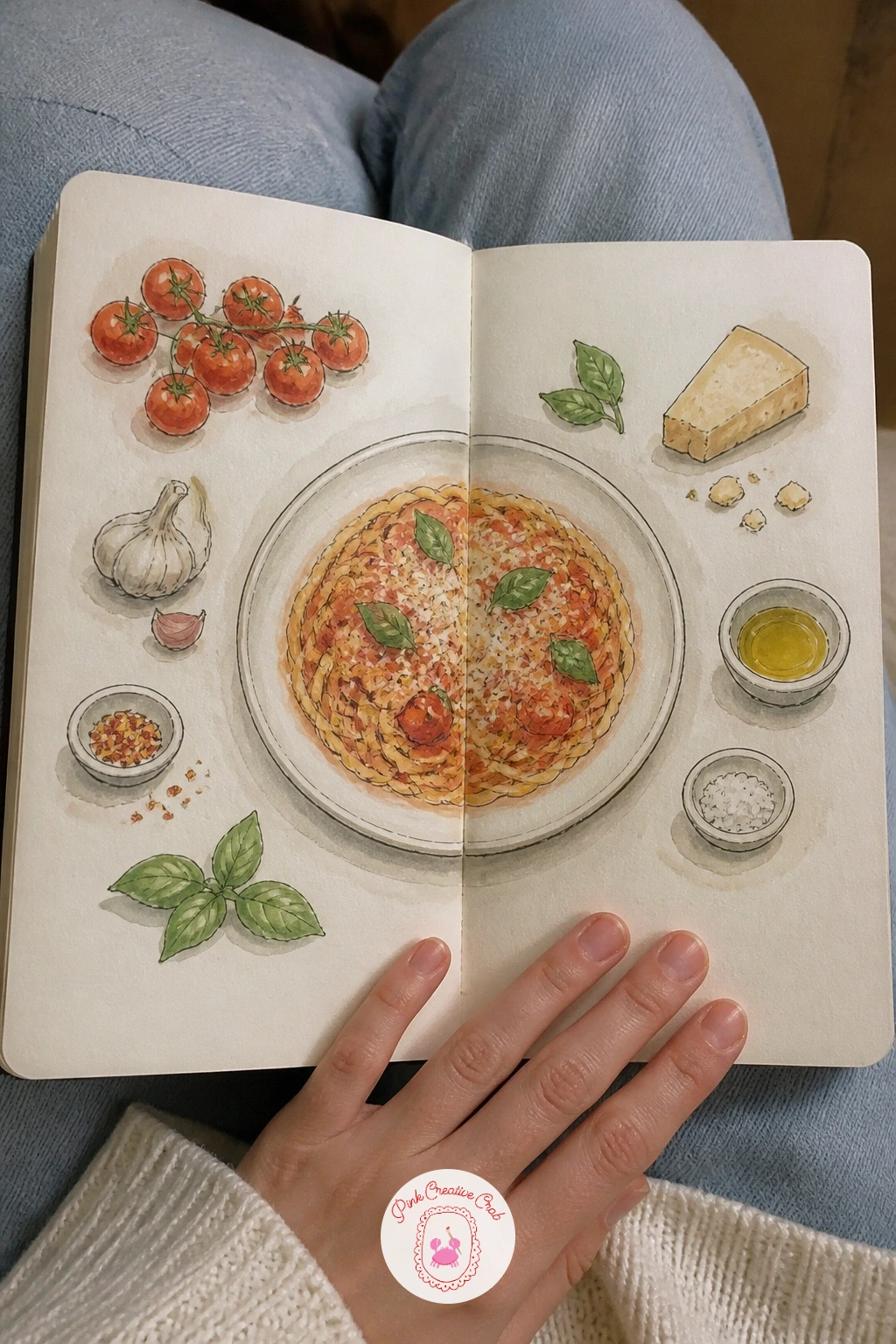 Cooking Recipe With Ingredients Around — Center the finished dish in the middle of the spread, then ring it with small drawings of its ingredients across both