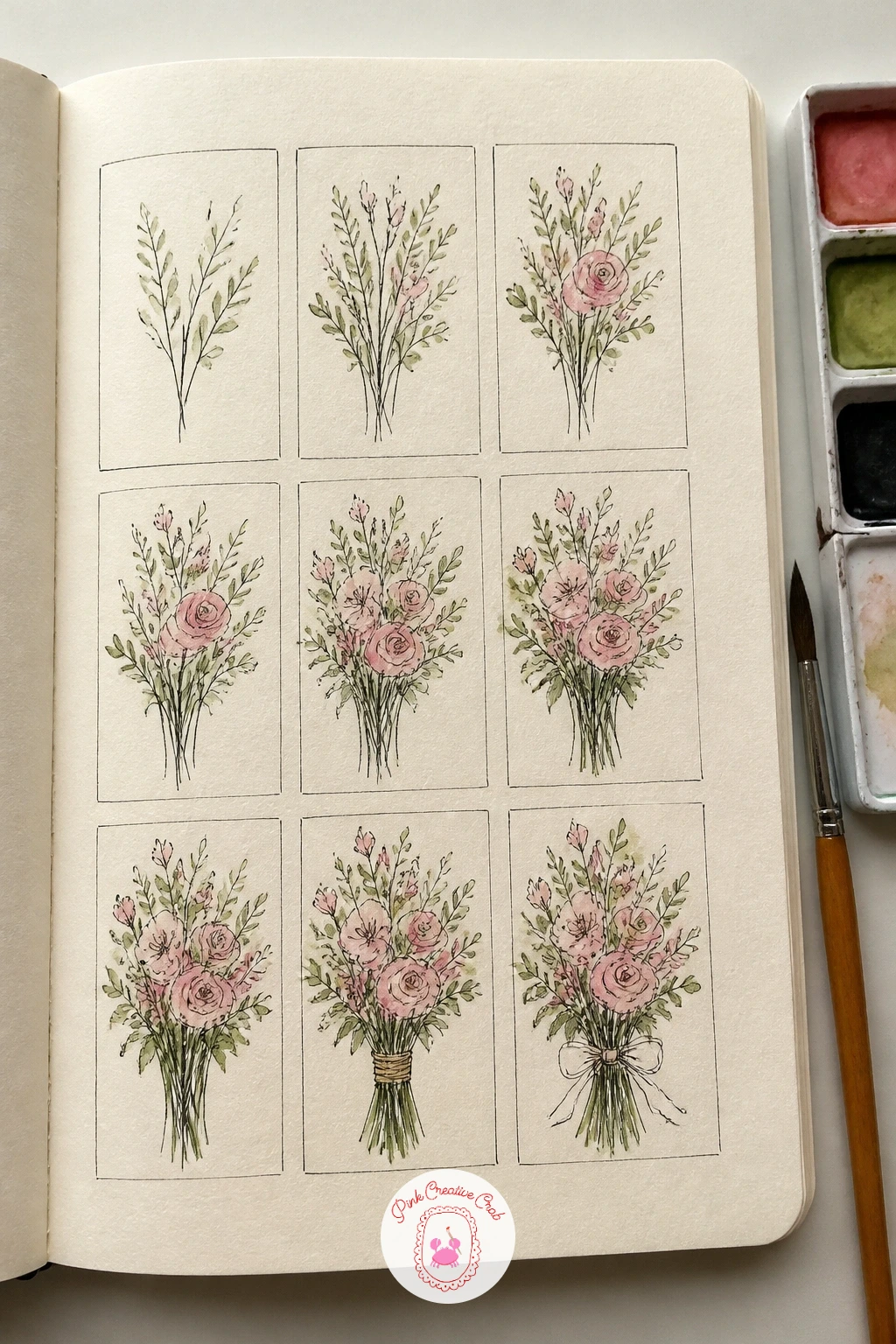 Bouquet Being Made Step By Step — Lay this spread out like a short comic strip, a few small panels showing a bouquet coming together: loose stems on the left