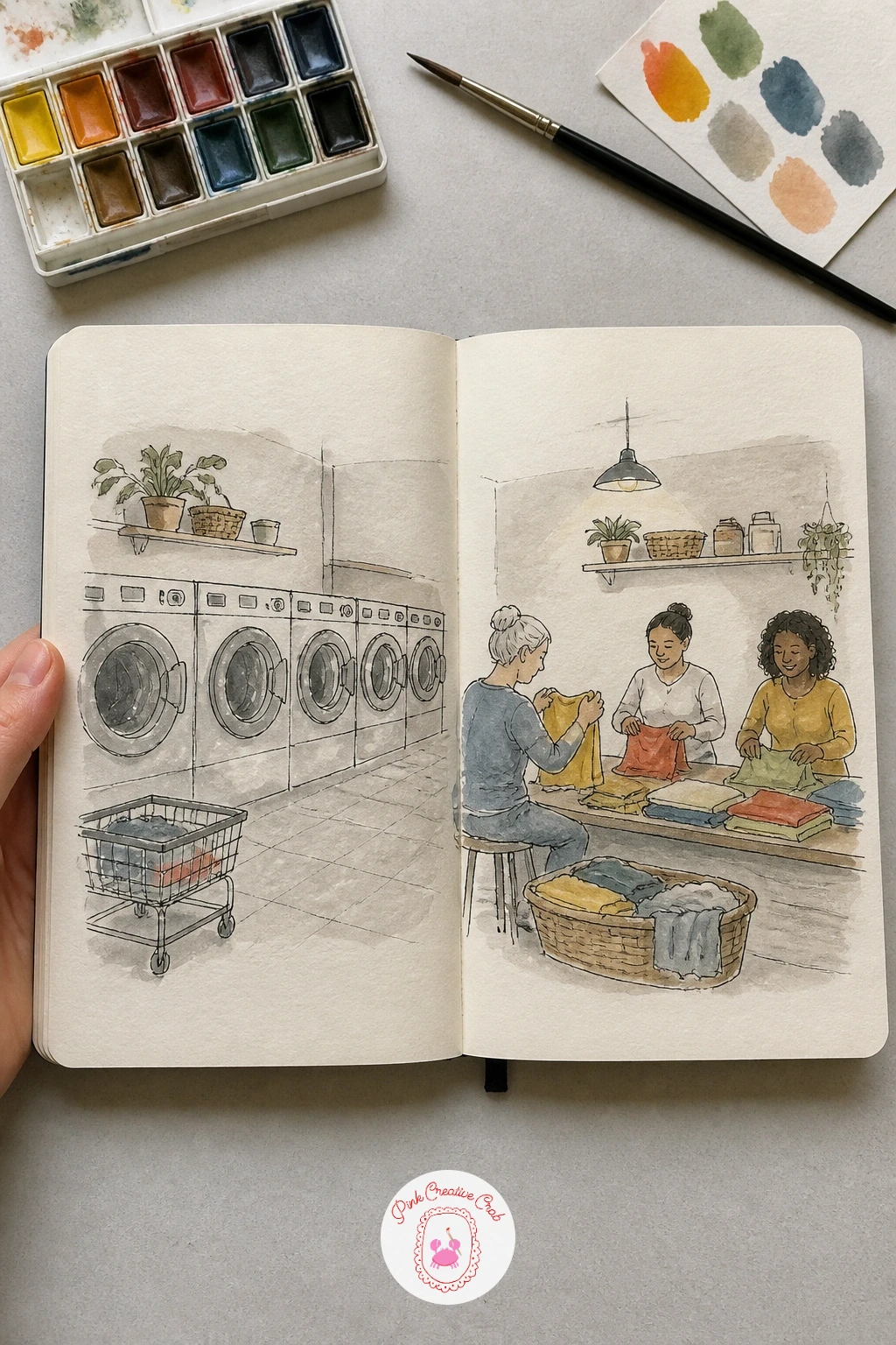 Laundromat With Neighbors Folding Clothes — Fill the left page with a row of washing machines and the right page with a folding table where a couple of