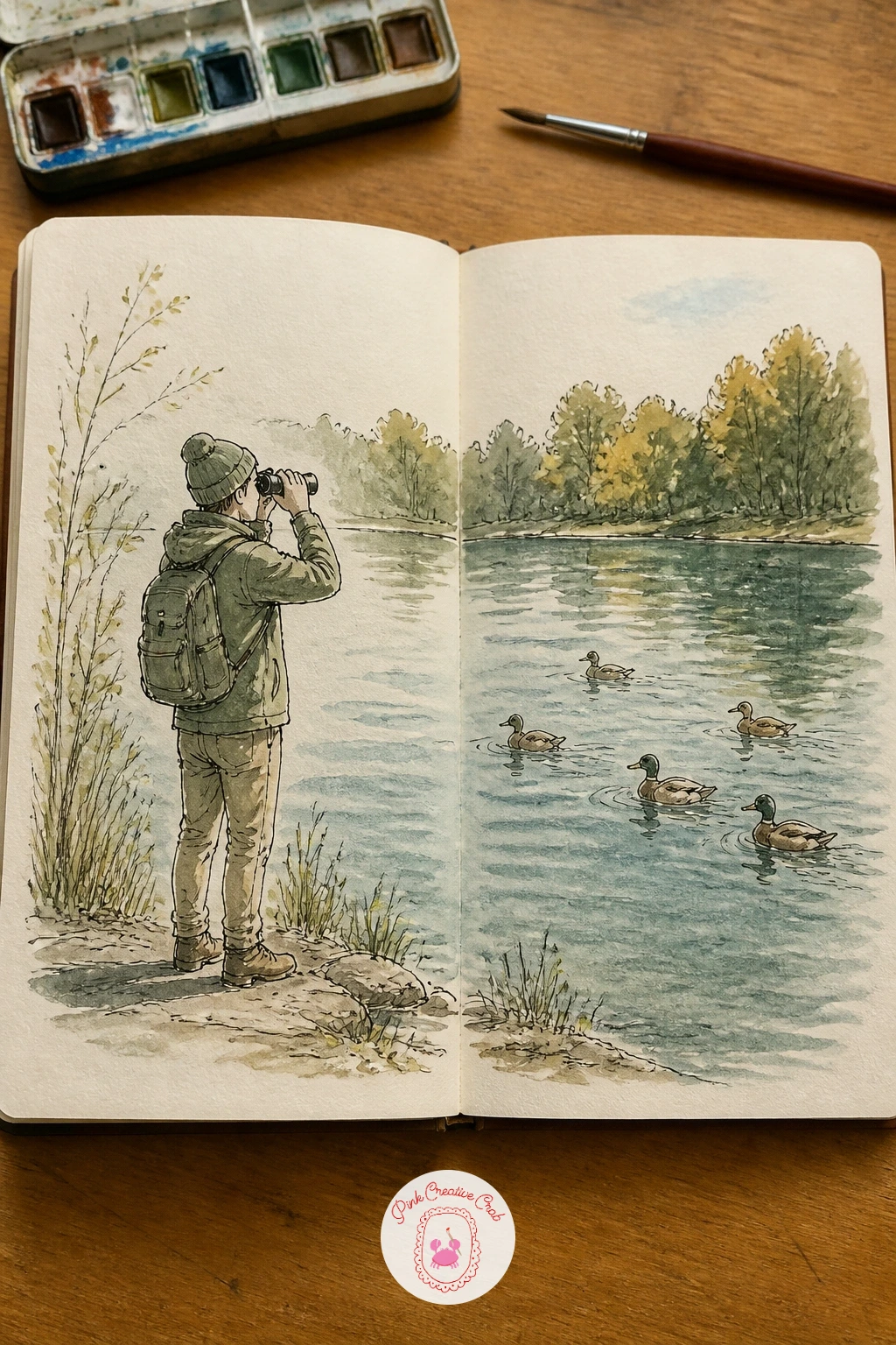 Birdwatcher By A Lake With Ducks — Place the birdwatcher on the left page with binoculars raised, then send a line of ducks swimming across the gutter toward