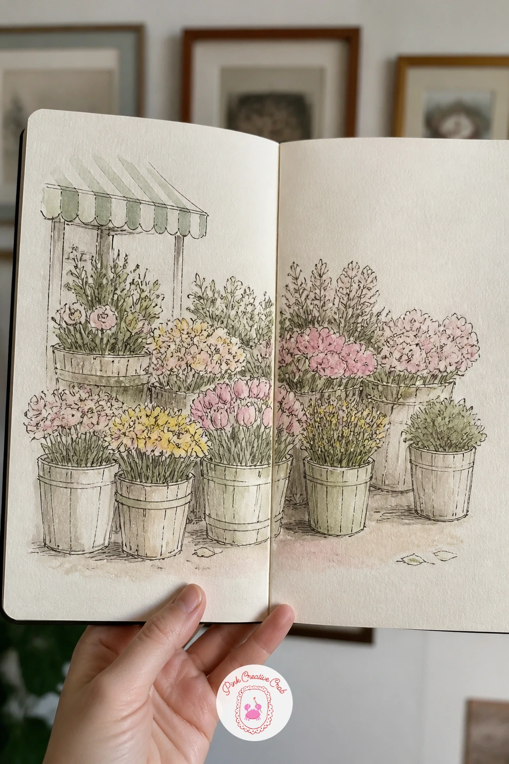 Flower Market Stall — Build the stall as a simple wooden frame first, then fill both pages with buckets of flowers lined up along it, each bucket holding one