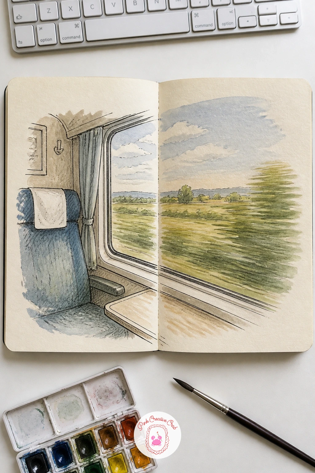Train Journey With Window Views — Split the spread between the train car's interior on the left page and the view rushing past its window on the right, a seat