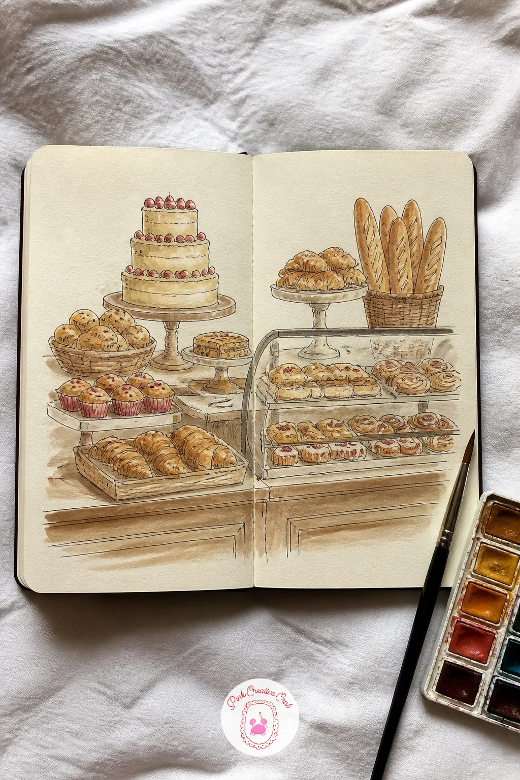 Bakery Counter Of Pastries — Line up a bakery counter across both pages, a row of pastries, loaves and a cake stand behind a thin counter line, each item