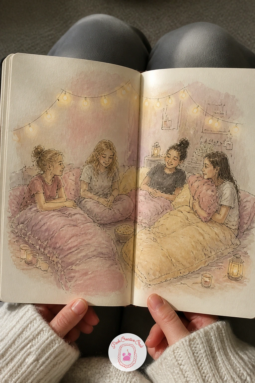 Slumber Party With Friends — Scatter sleeping bags, pillows and snacks across both pages with a few friends in loose poses, one sitting up talking, another