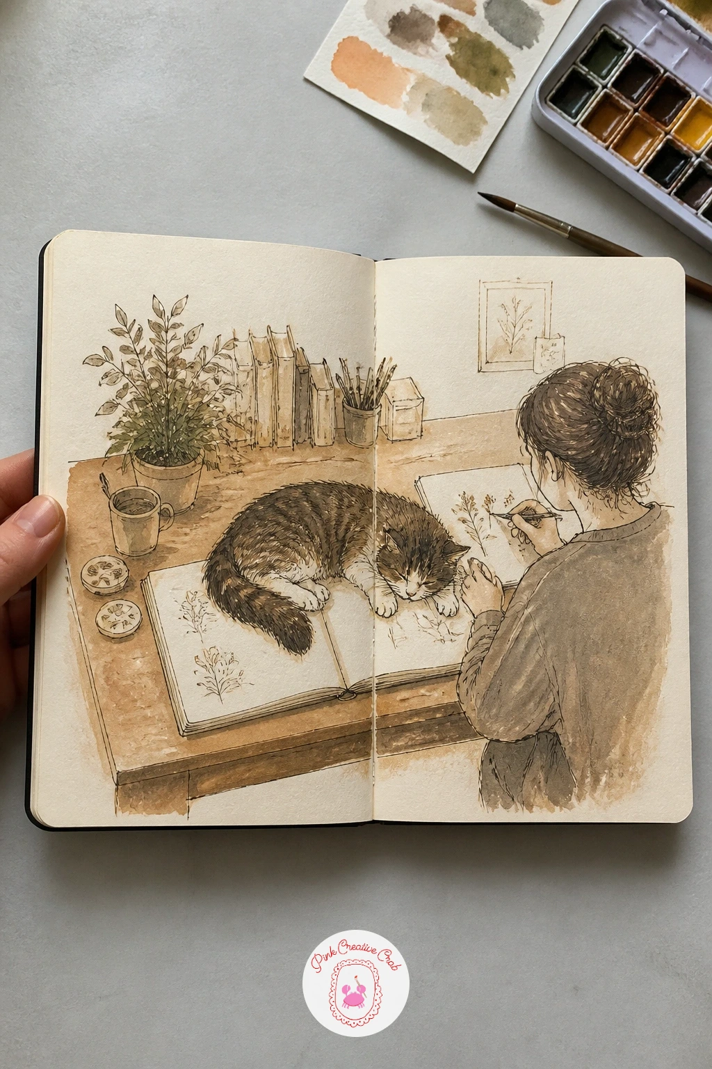 Artist At Her Desk With A Cat — Keep the desk itself spanning both pages, with the artist's hand and sketchbook on the left and a cat lying across the paper's