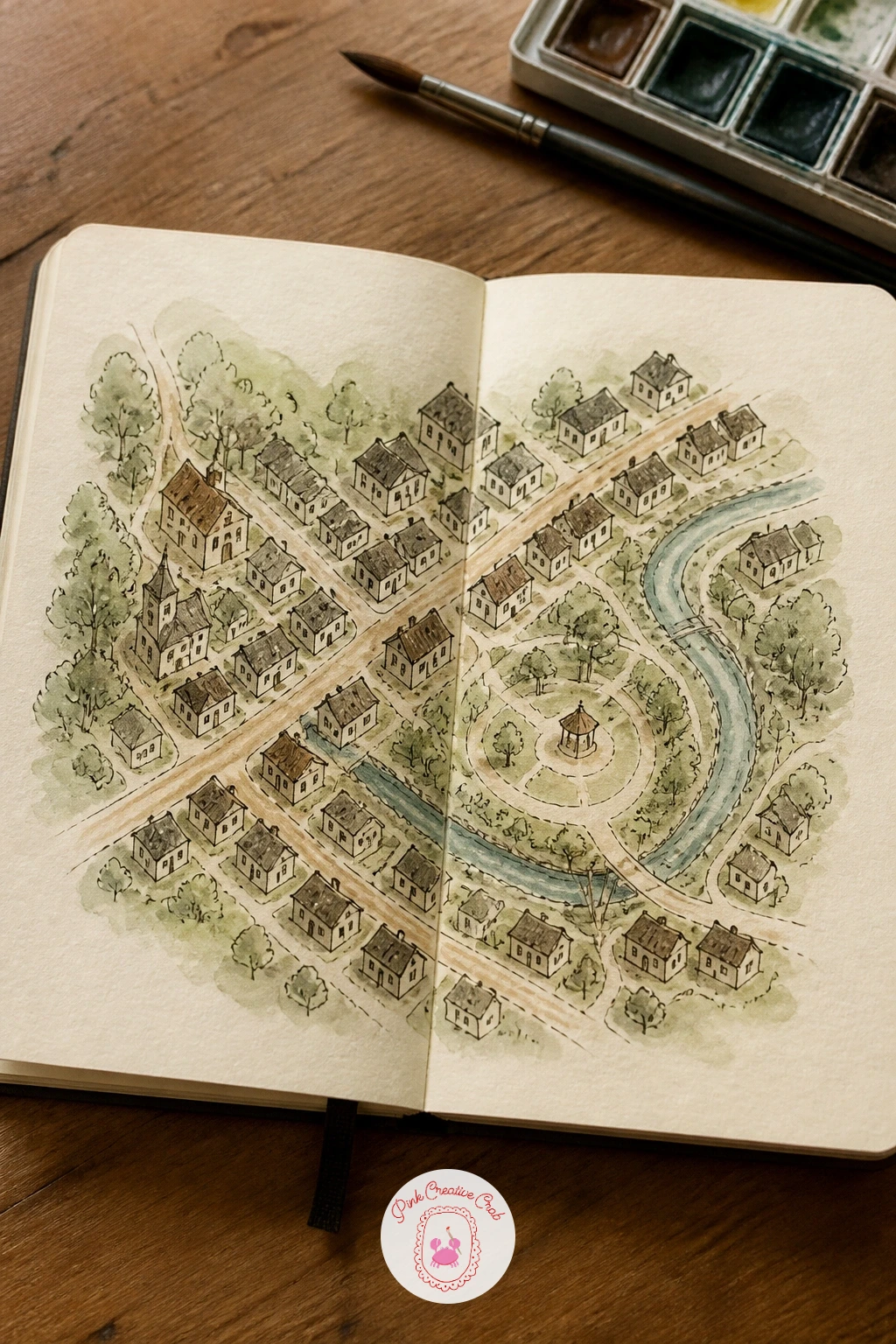 Tiny Town Map — Draw this one from directly above, a tiny town map spreading across both pages with little rooftops, a winding main street, a park and a small