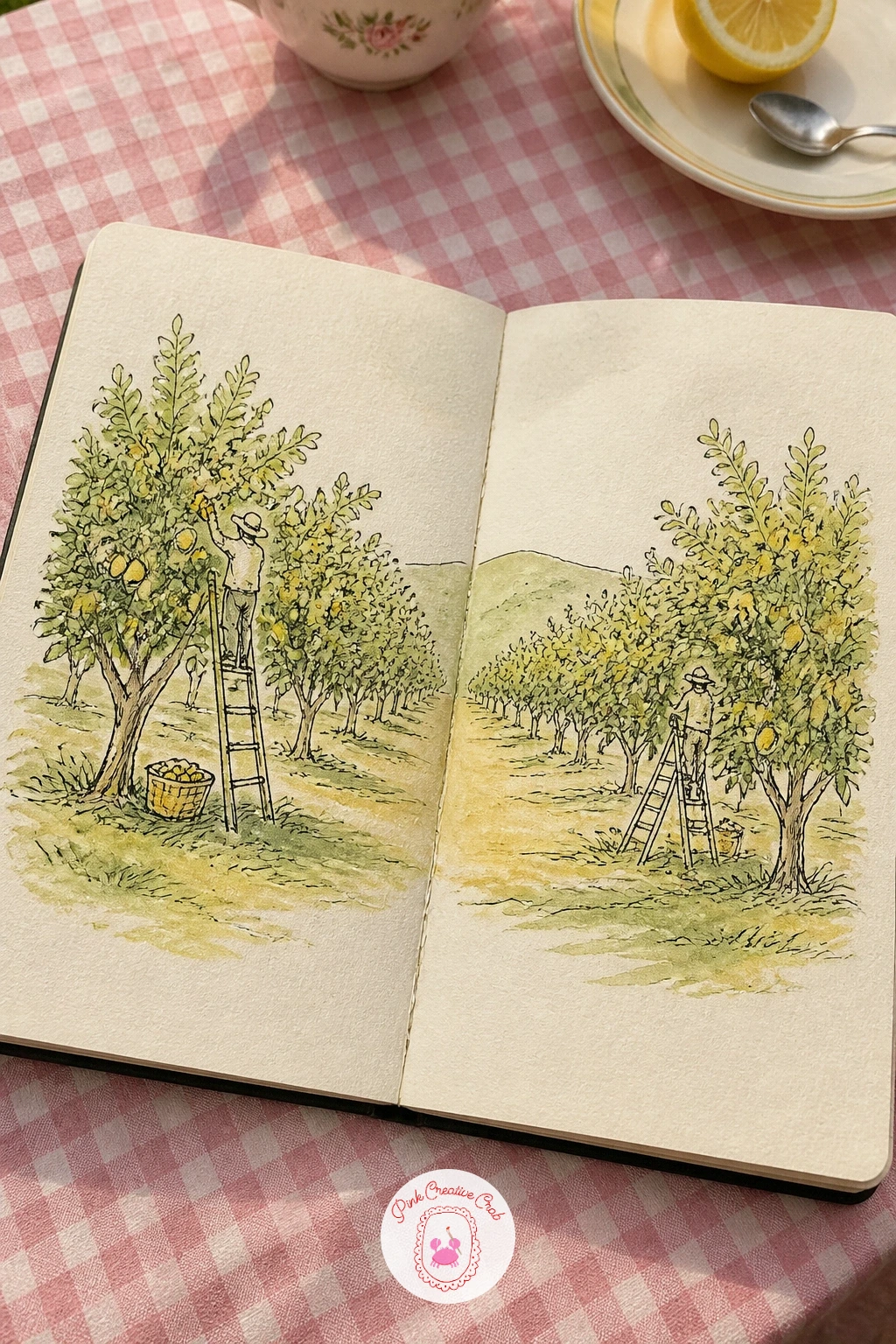 Lemon Grove With Pickers On Ladders — Fill both pages with rows of lemon trees receding into the distance, a couple of small figures on ladders picking fruit