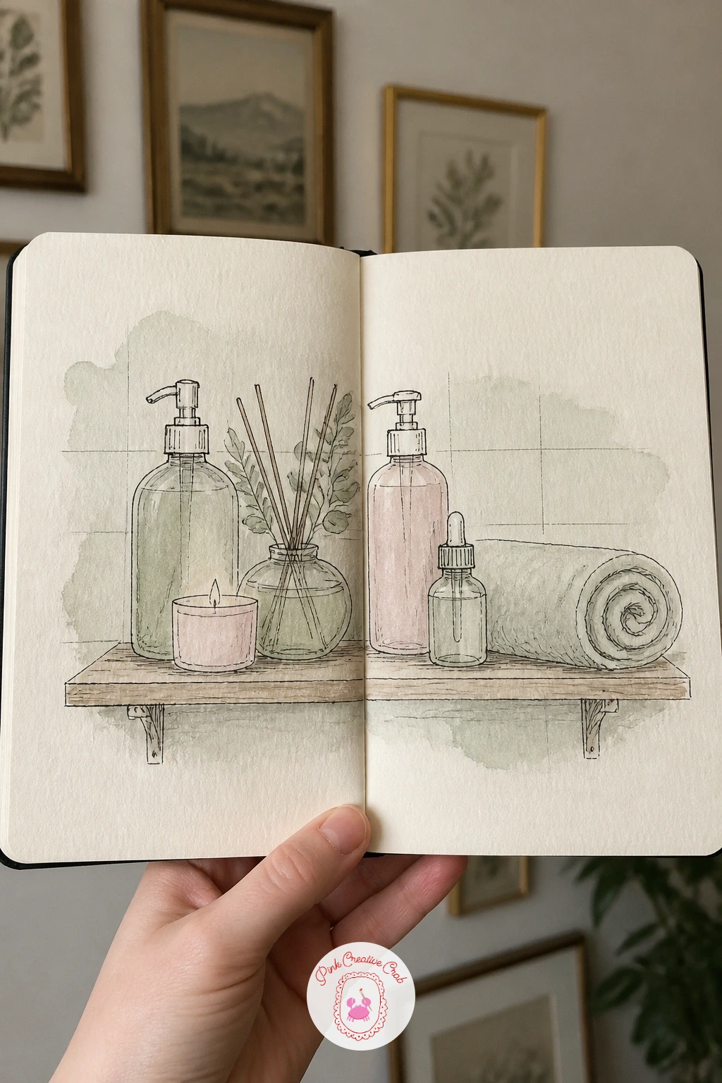 Spa Day Bathroom Shelf — Line a shelf or bathtub edge with spa day essentials across both pages, a few bottles, a candle, a small plant and a rolled towel