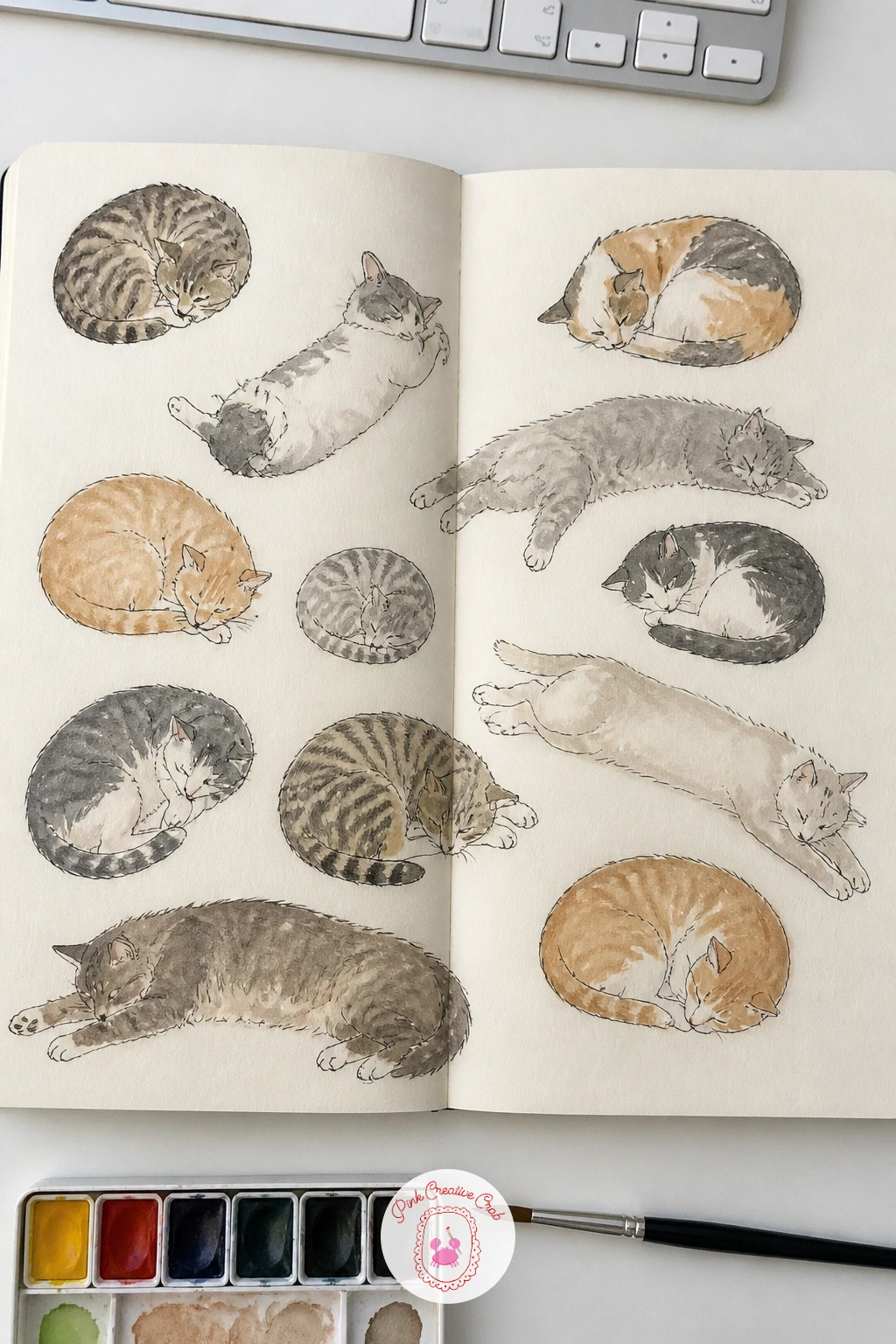 Cat In Many Sleeping Poses — Scatter six or seven small sleeping cats across both pages instead of one big drawing, curled in a ball, stretched flat on one