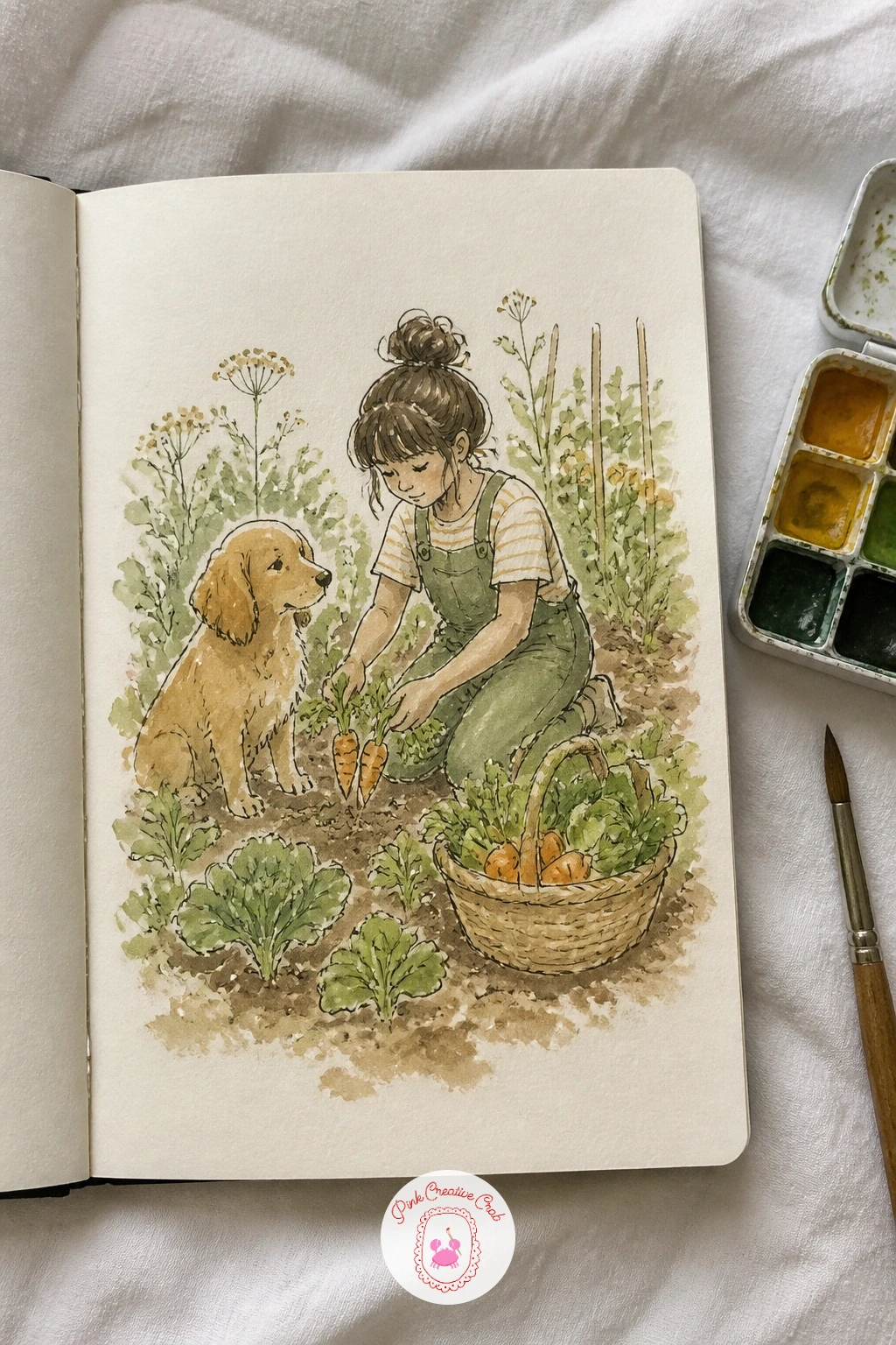 Girl And Dog Harvesting A Vegetable Garden — Place a girl kneeling among vegetable rows on the left page with a dog beside her, basket of harvested vegetables