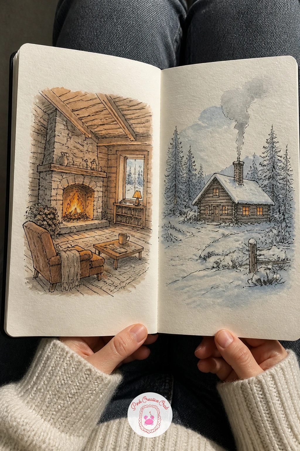 Winter Cabin Inside And Outside — Close the list the way a good spread should, with one more inside and outside split: a cozy cabin interior on the left page