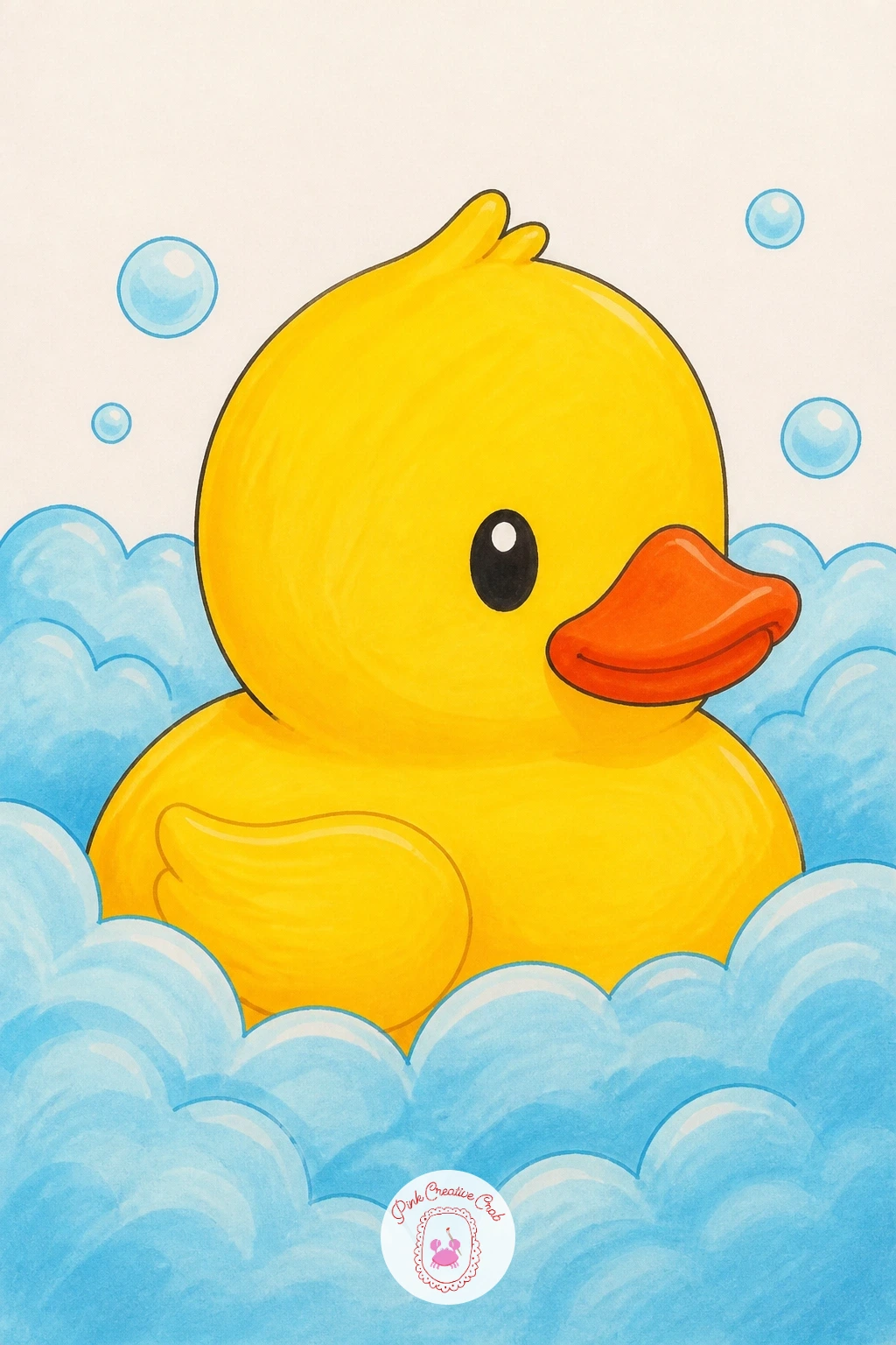 Duck In A Bubble Bath — Start with the easiest scene on the list: a rubber duck in a bubble bath, sitting low in a scallop of soap foam. Rubber duck drawing