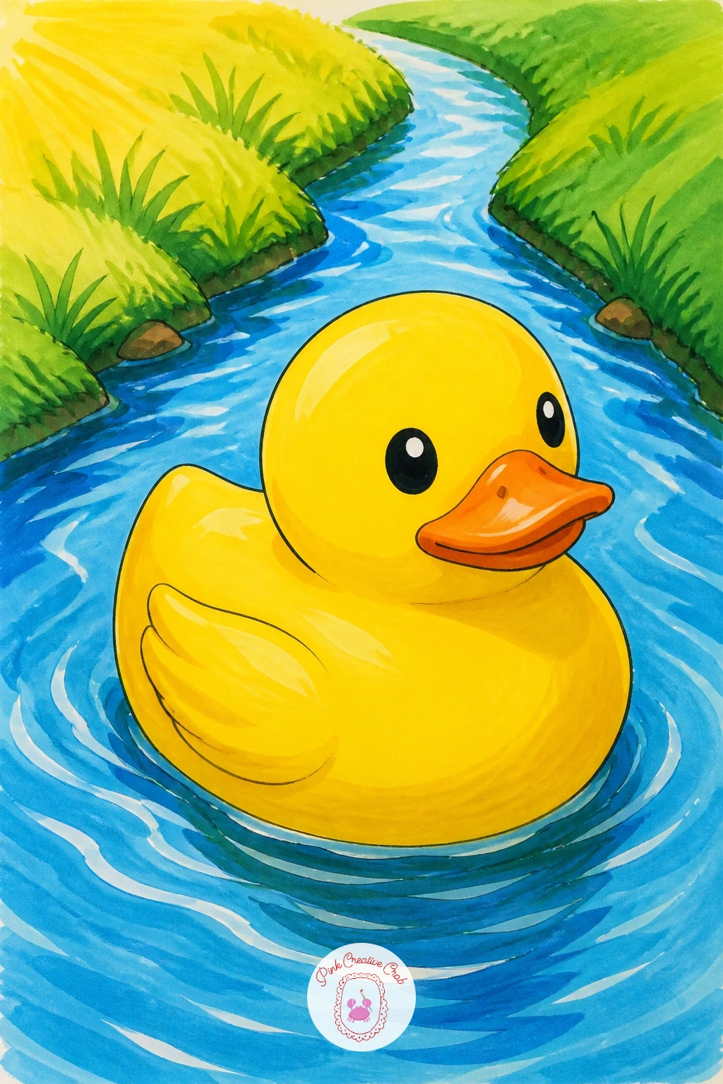 Duck Floating Down A Stream — From a bathtub duck to an outdoor one, try a duck floating down a stream between two grassy banks. Rubber duck drawing