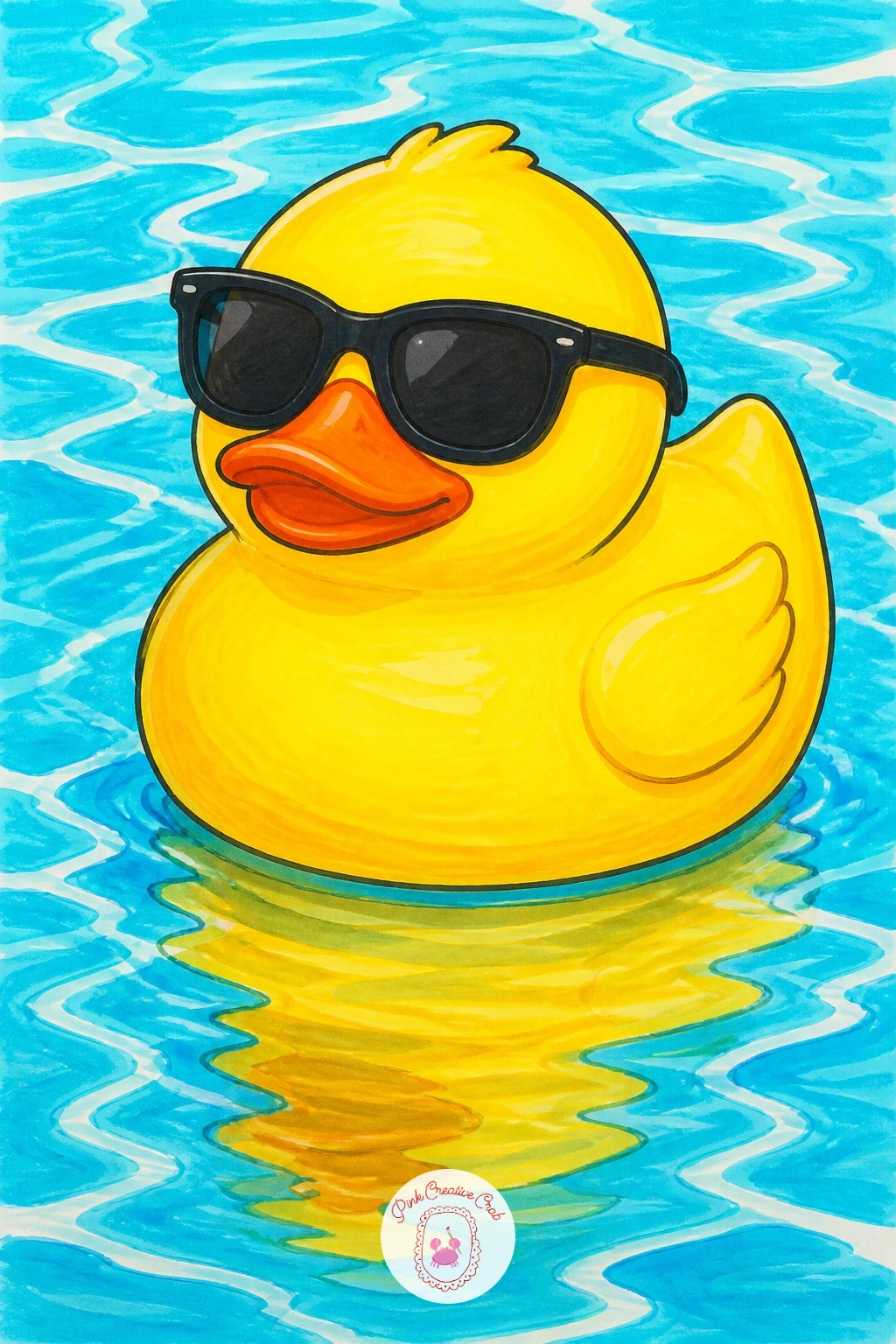 Duck In Sunglasses On A Pool — Pull the mood up a notch with a duck in sunglasses, floating alone on a bright swimming pool. Rubber duck drawing