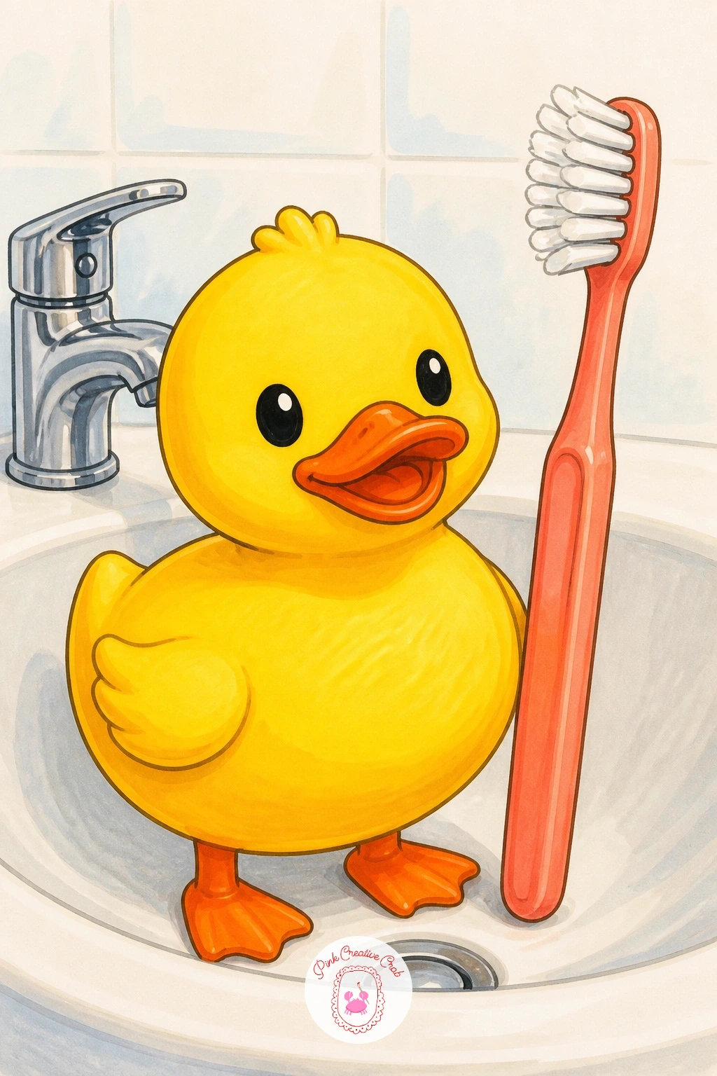 Duck In The Sink With A Toothbrush — Move indoors for a duck in the sink, perched beside an oversized toothbrush as if it just wandered in for its own brushing