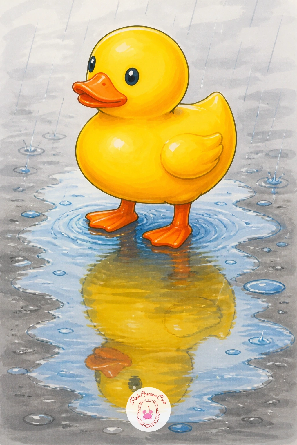 Duck In A Rain Puddle — Take the duck outside for a duck in a rain puddle, standing in the one bright wet patch on an otherwise plain sidewalk. Rubber duck
