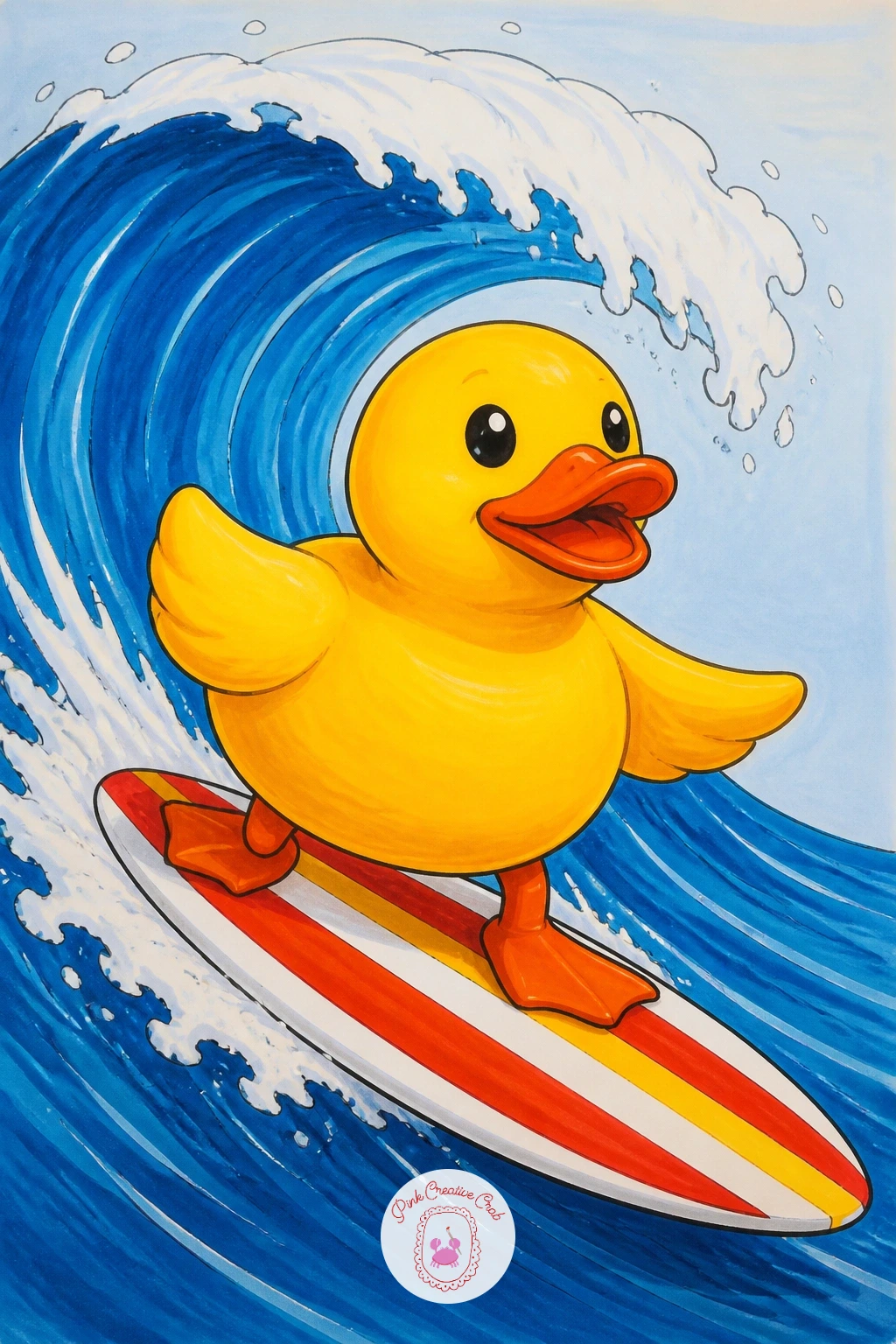 Duck On A Surfboard — Keep the energy up with a duck on a surfboard, riding the crest of one simple wave. Rubber duck drawing