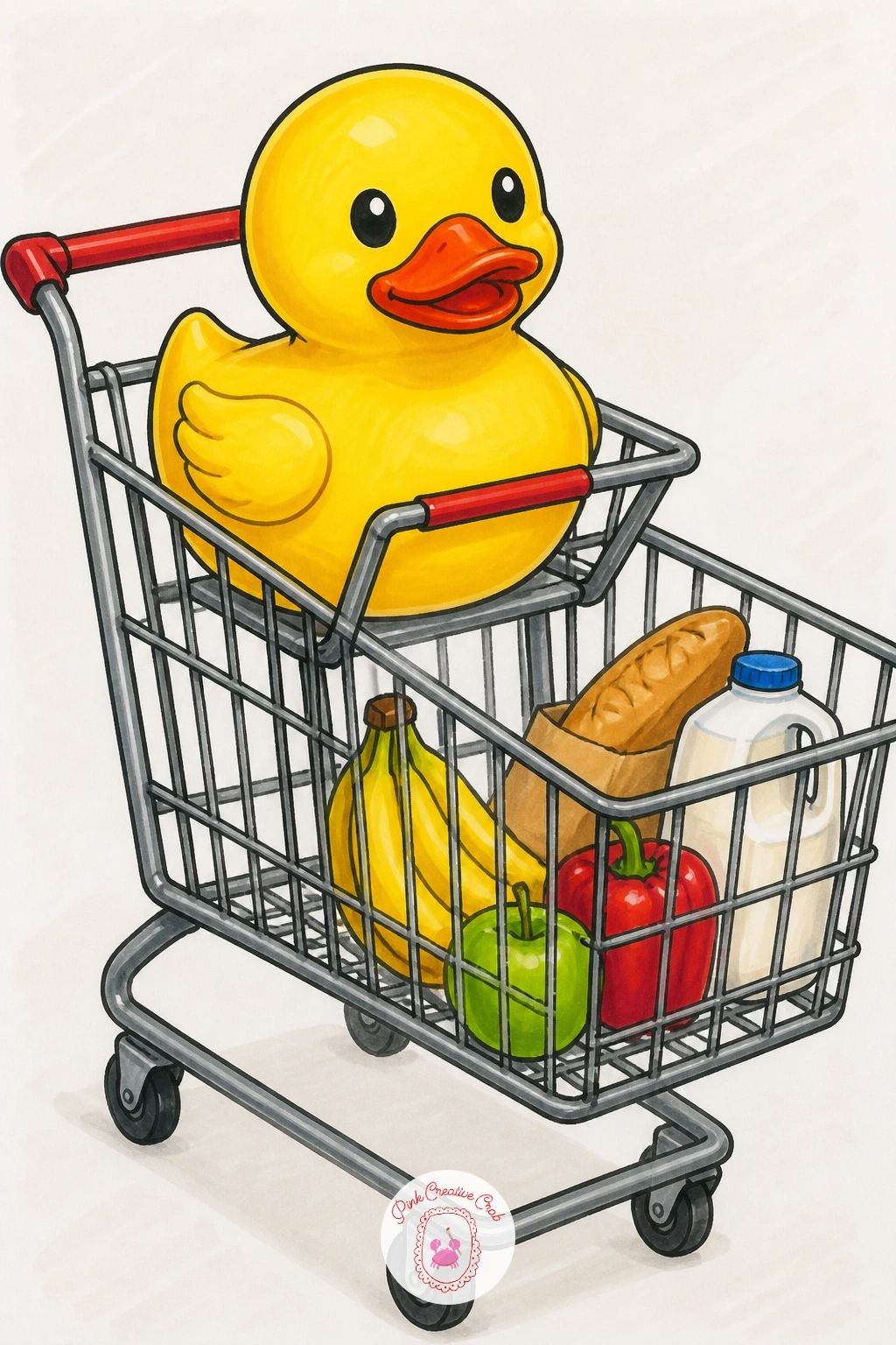 Duck In A Shopping Cart — Bring the duck somewhere thoroughly mundane with a duck in a shopping cart, riding along in the child seat like it is out running