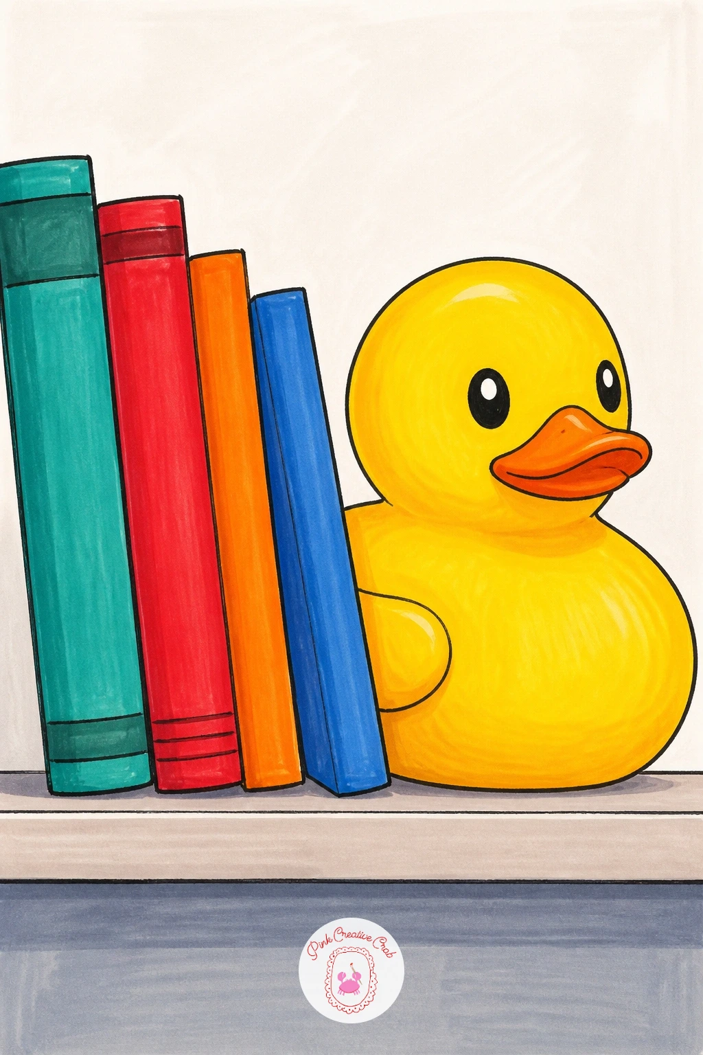 Duck On A Bookshelf — Set the scene somewhere quiet with a duck on a bookshelf, perched between a stack of leaning books like a tiny, unlikely bookend. Rubber