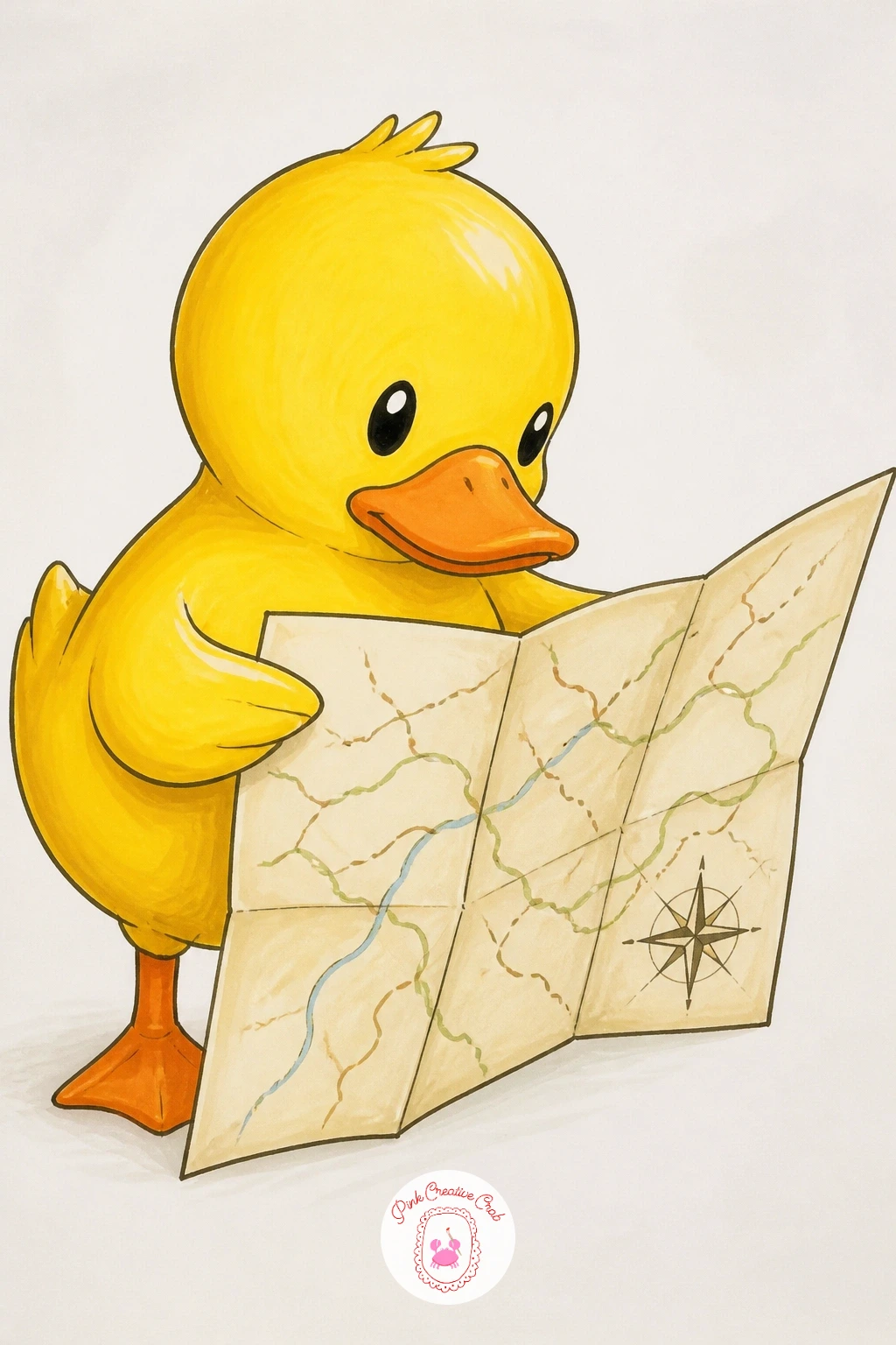 Duck Reading A Map — Send the duck off exploring with a duck reading a map, holding or standing beside a large unfolded paper map like it is planning the next