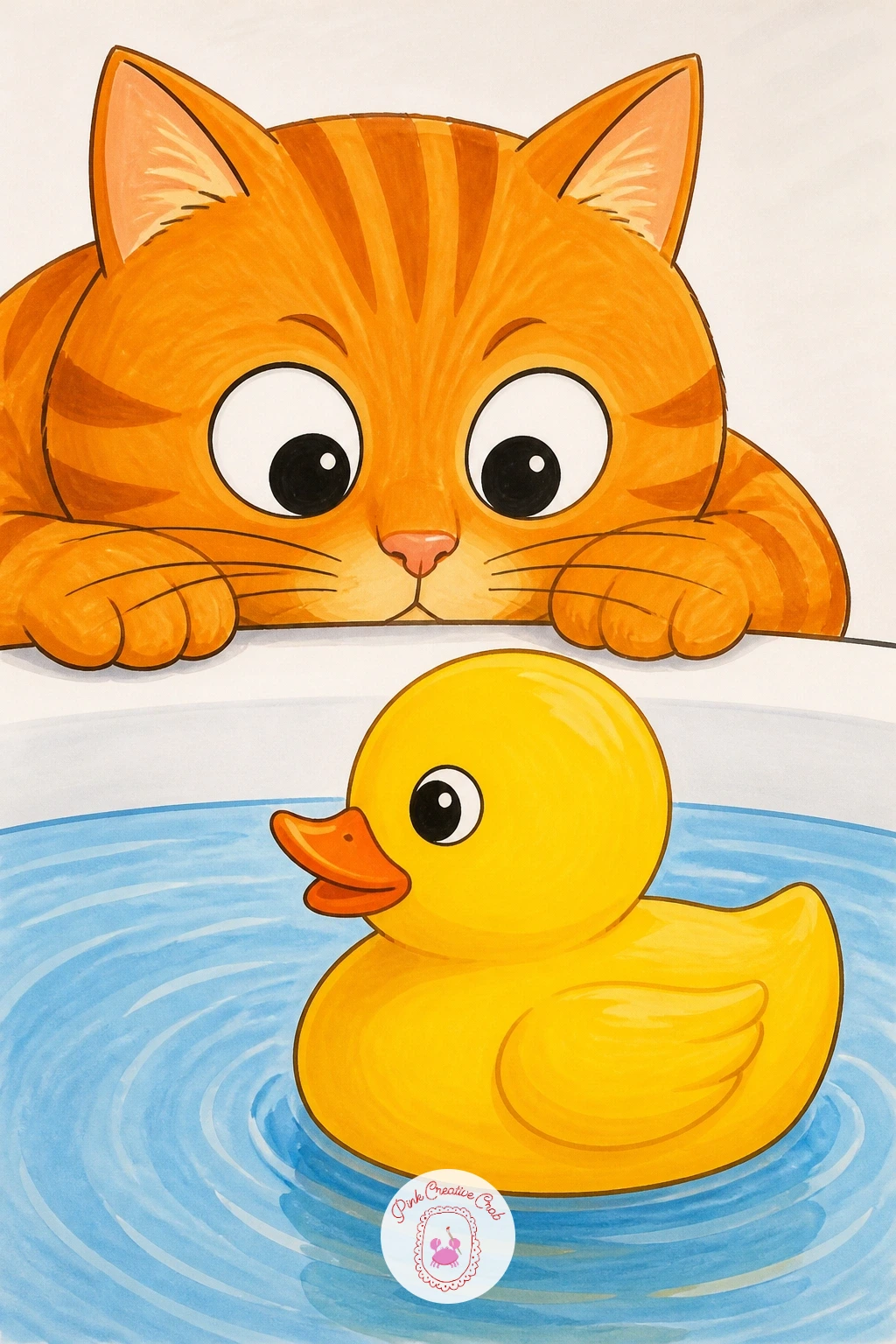 Cat Watching A Rubber Duck — Bring in a second character for a cat watching a rubber duck, the duck floating obliviously in a sink or bowl while a cat eyes it
