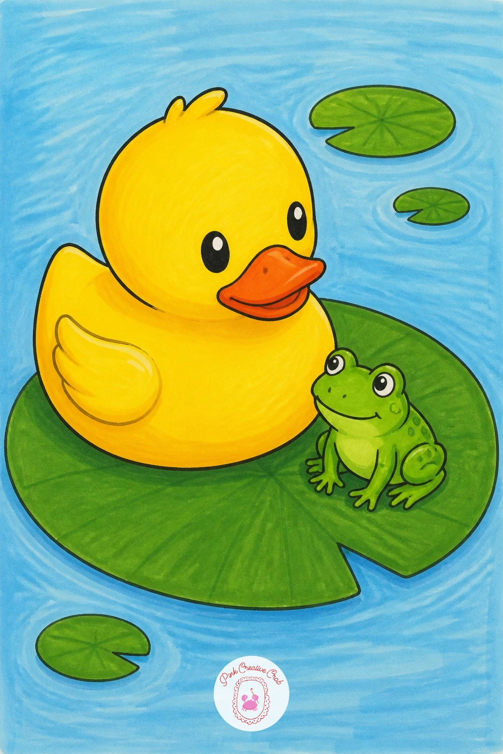 Duck On A Lily Pad With A Frog — Take the duck to a pond for a duck on a lily pad with a frog, the two of them sharing one broad green pad like old friends.