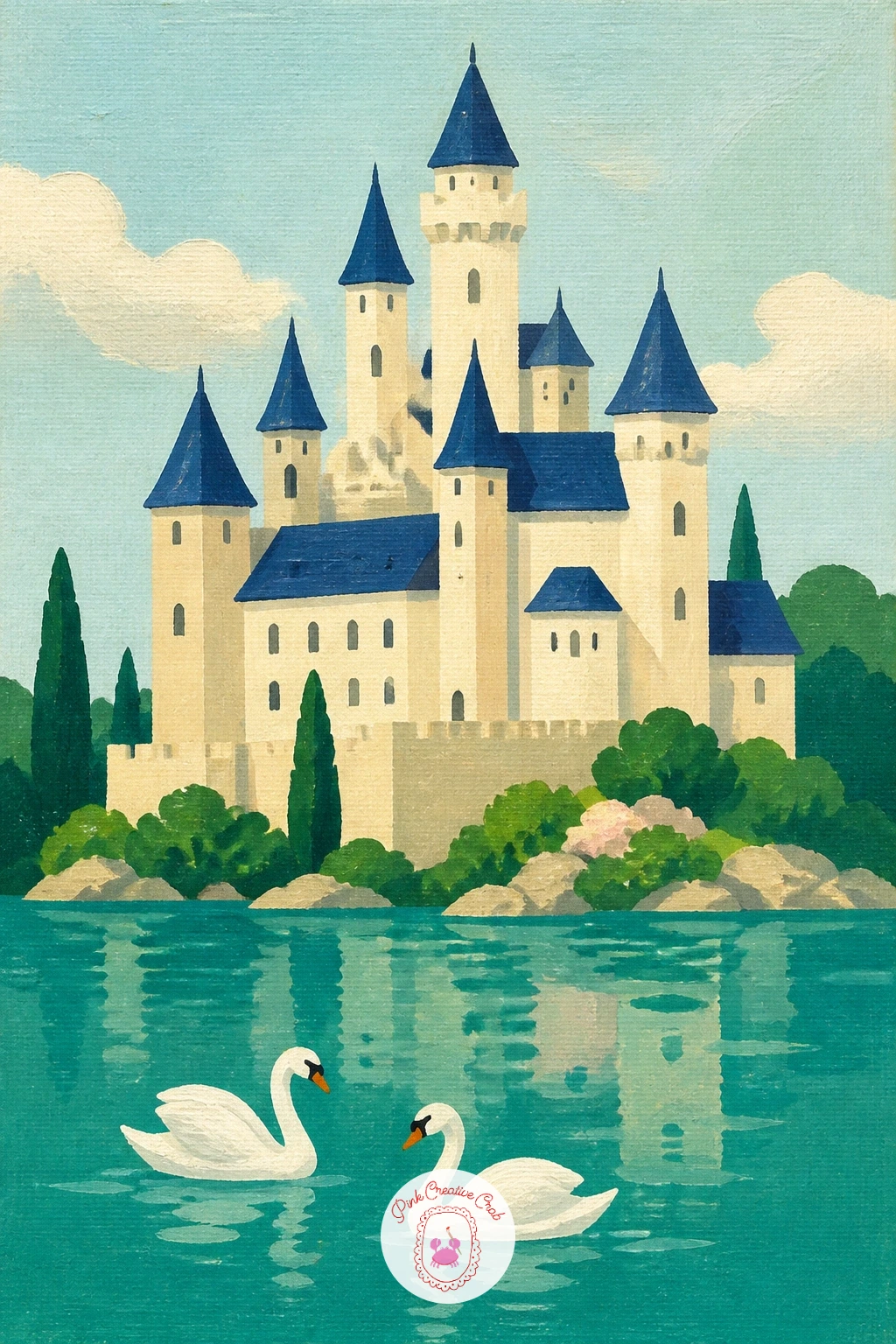 Castle on a Lake With Swans — Bring in water for the first time with a castle on a lake with swans gliding past its base. Castle drawing