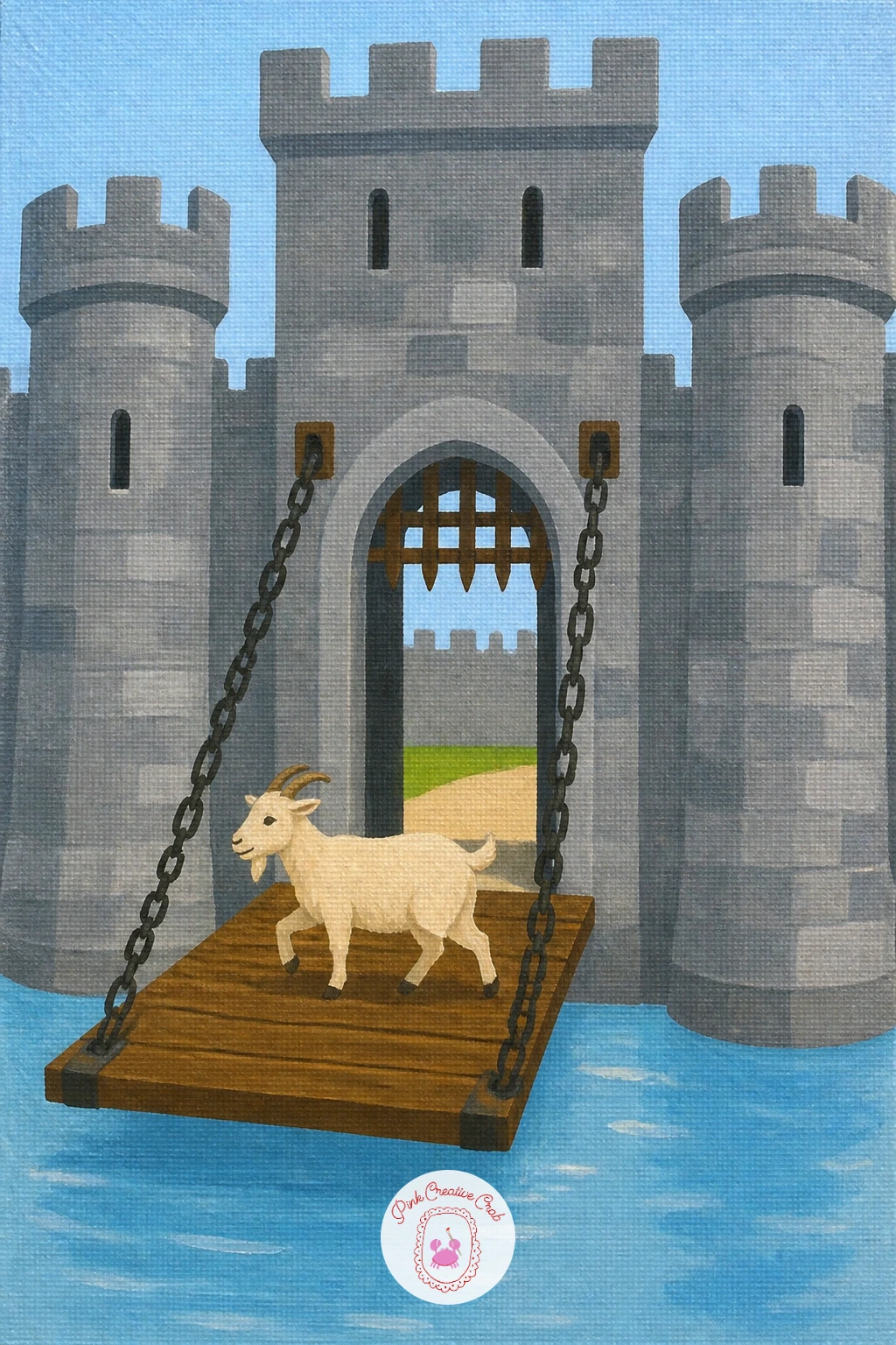 Castle Drawbridge With a Goat Crossing — Add a little humor with a castle drawbridge and one goat trotting across it mid-journey. Castle drawing