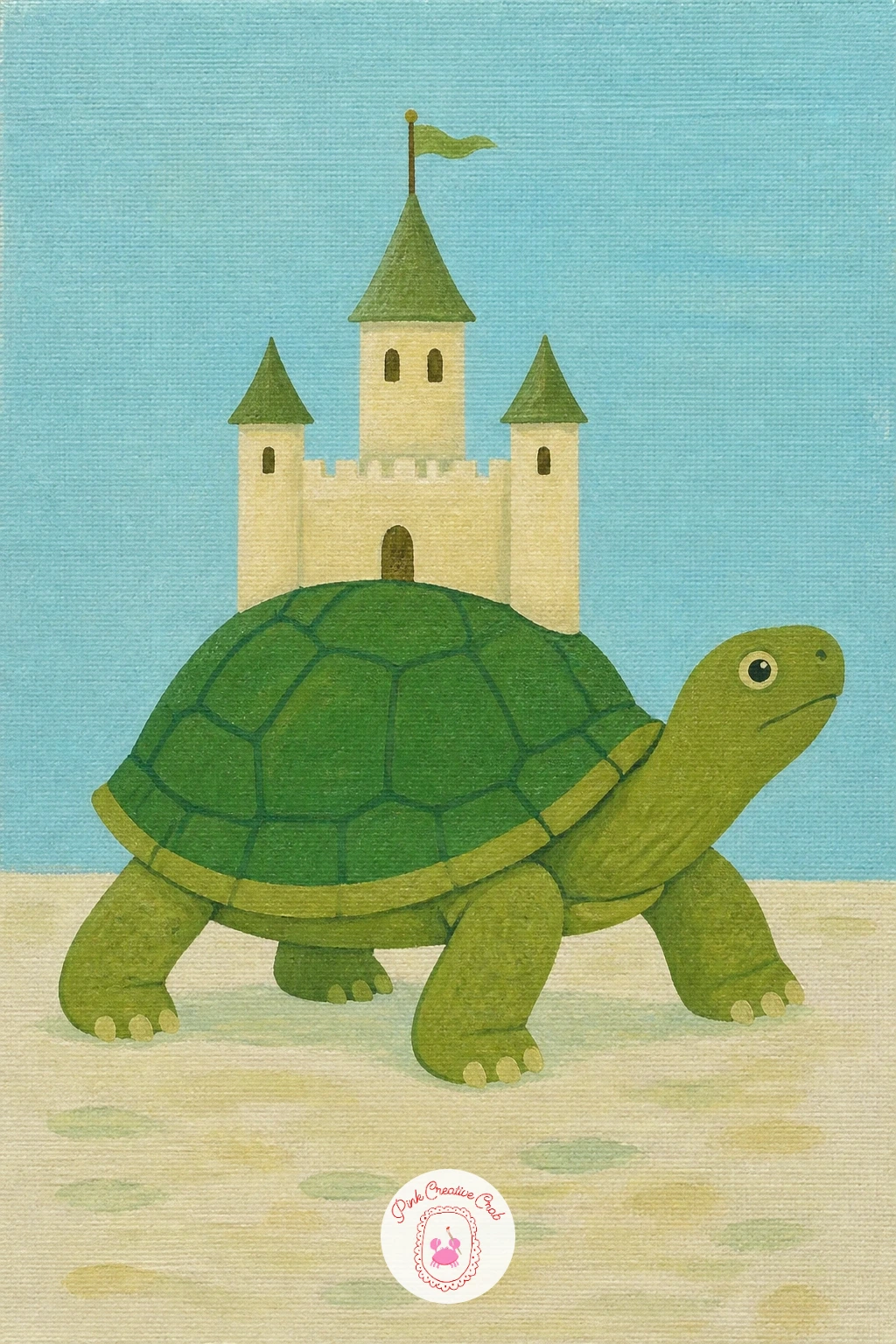 Castle on a Turtle's Back — Give the kingdom a slow, gentle traveler with a castle balanced on a turtle's back, wandering through calm water or grass. Castle