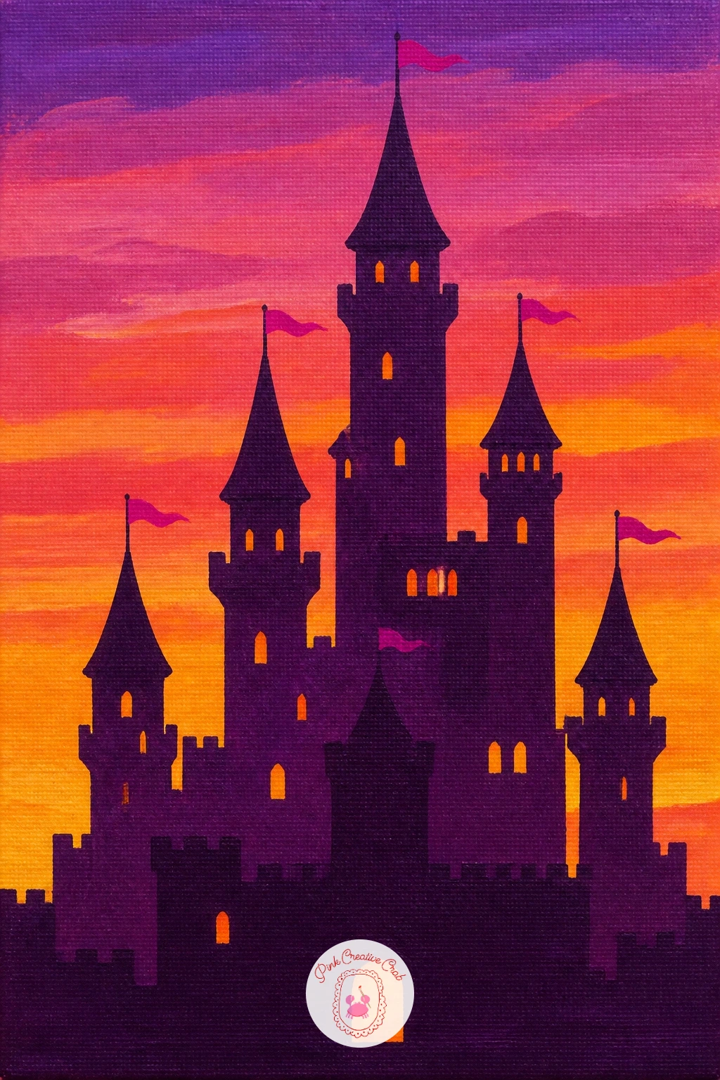 Castle at Sunset With Flags — Bring in strong color for the first time with a castle at sunset, its towers hung with flags catching the last light. Castle