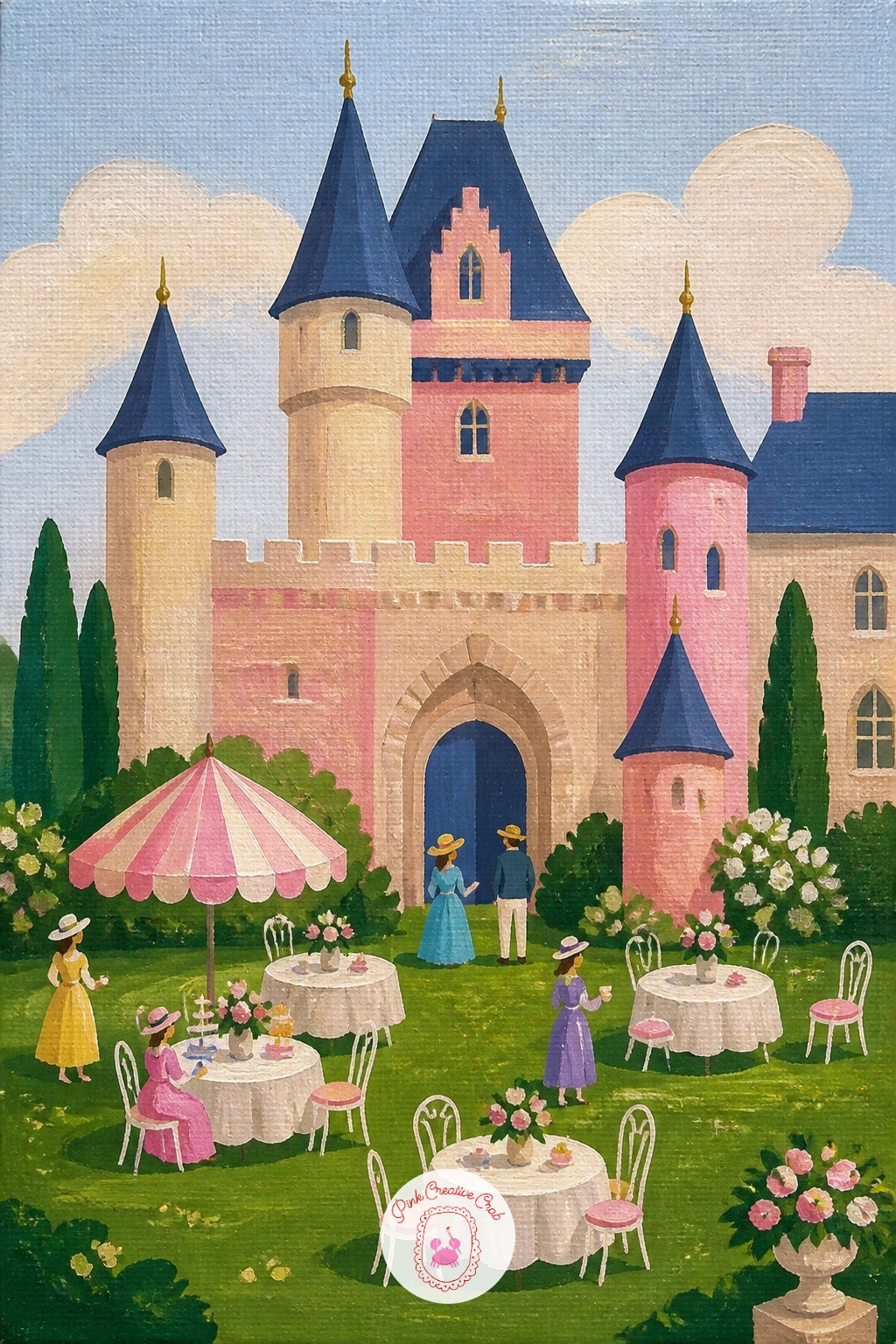 Castle Garden Party — Fill the courtyard with life for a castle garden party, tables and umbrellas set out on the lawn below the towers. Castle drawing