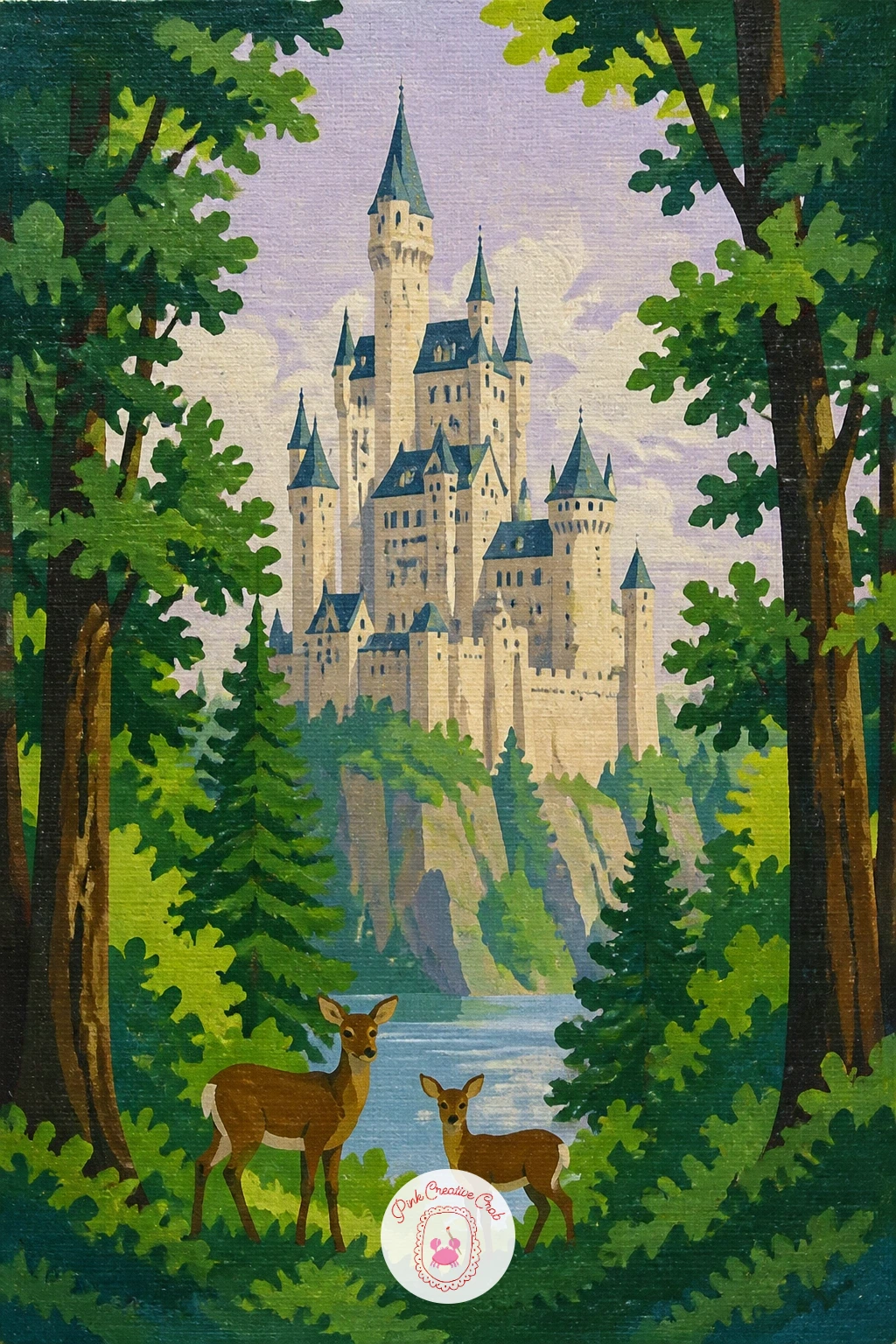 Castle in a Forest With Deer — Move the castle into the woods for a scene with a castle in a forest, a deer or two pausing near the treeline. Castle drawing
