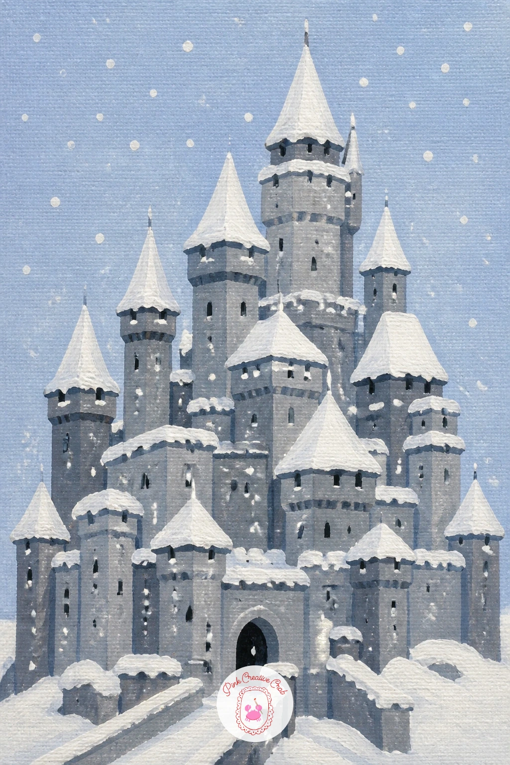Castle in Winter — Cool the palette down with a castle in winter, snow settled thick along every rooftop and ledge. Castle drawing